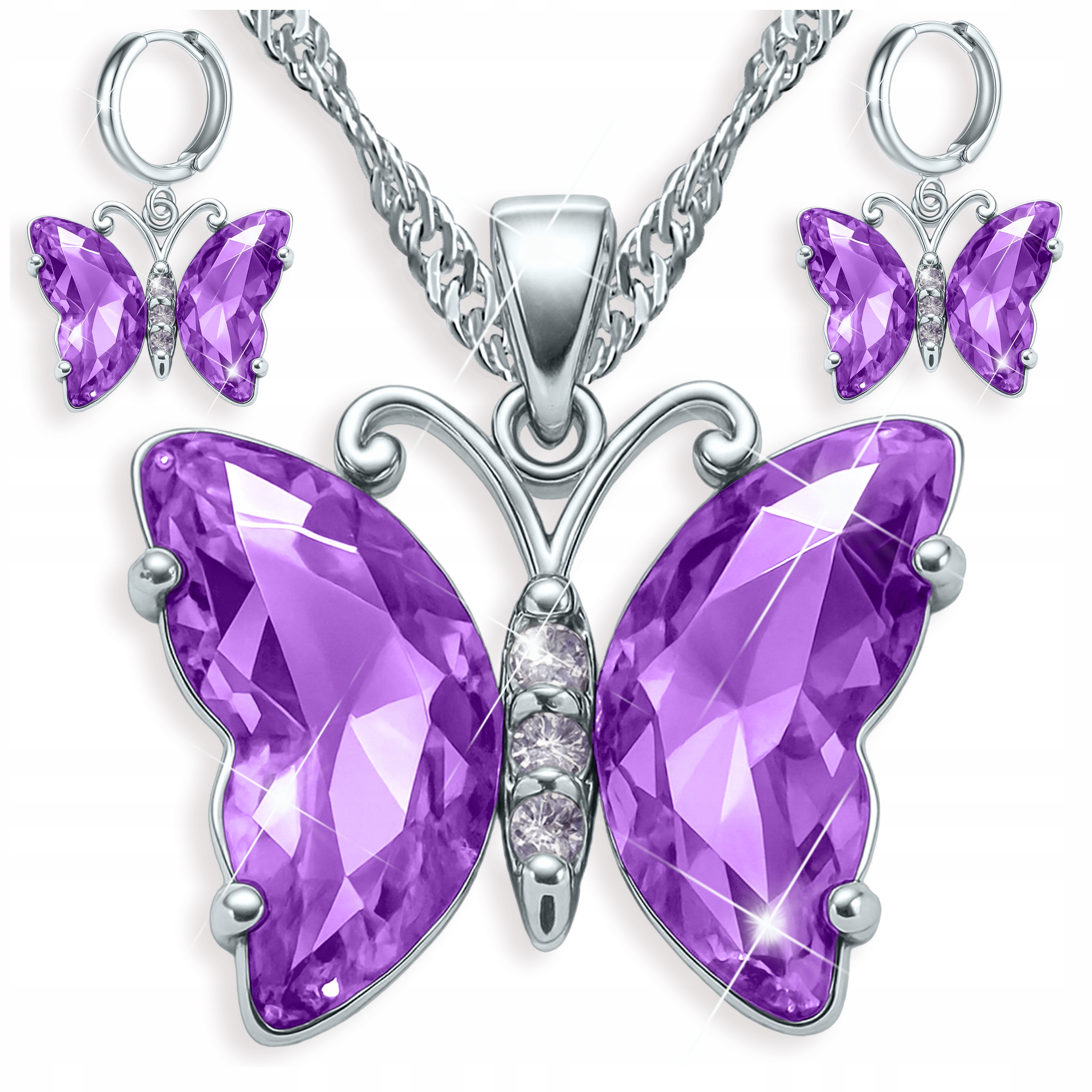 Sada Náušnice a náhrdelník Motýl Křišťálové Fialové Motýli Stříbro 925