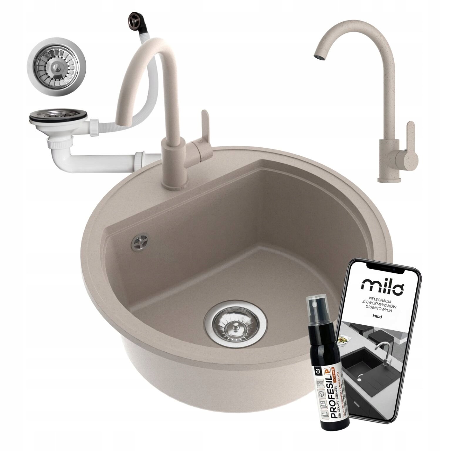 Granitový Drez Jednokomorový Okrúhly Oval, Sada Batérií, Sifón