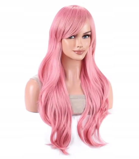 Dámská syntetická paruka s ofinou dlouhá, vlnitá, růžová, 70 cm