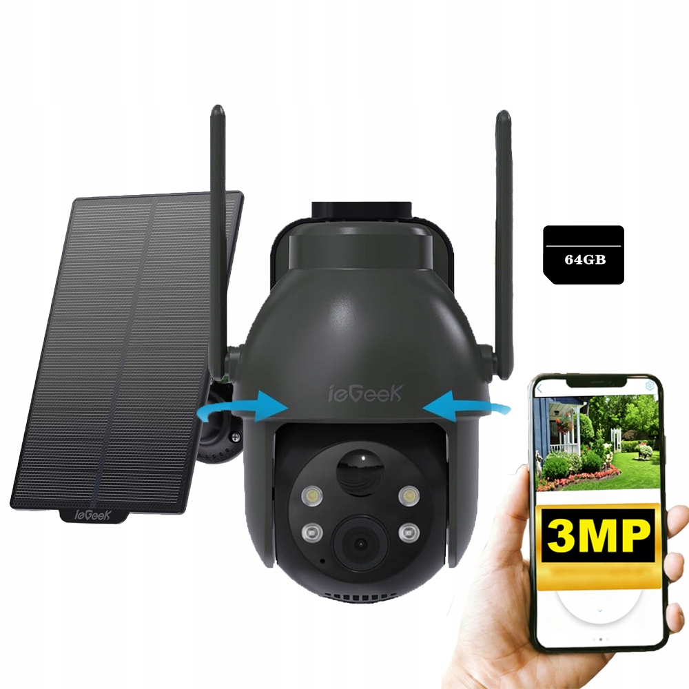 Wifi Solární Kamera 3MPX Inteligentní Venkovní 360° s pamětí karet 64GB