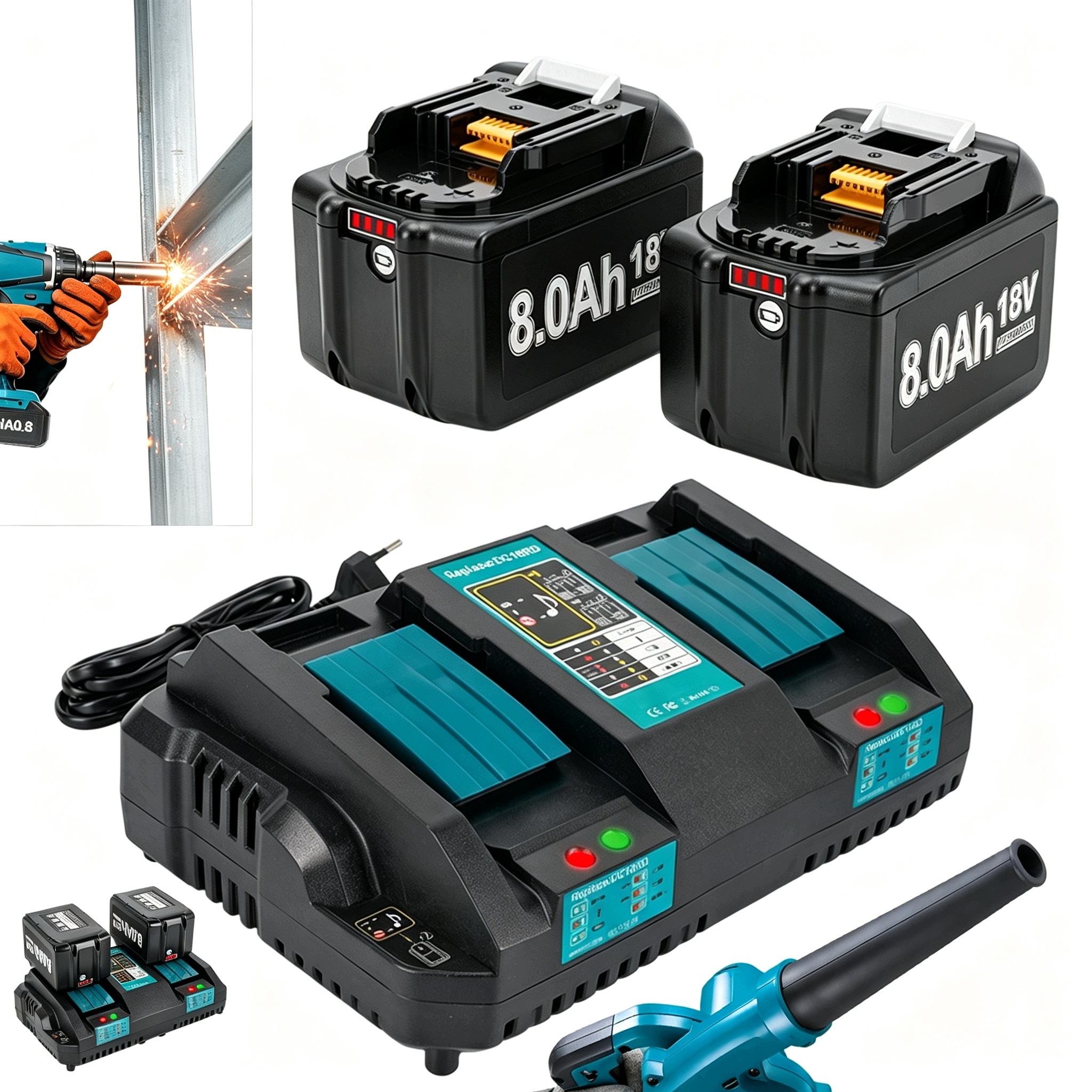 Dvojitá Nabíječka Pro Elektrické Nářadí 18 V 2 Akumulátory 8 Ah
