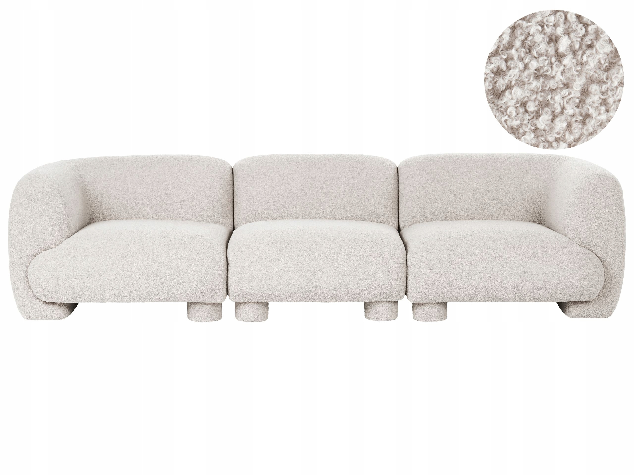Sofa trzyosobowa boucle niski profil modułowa zaokrąglona złamana biel