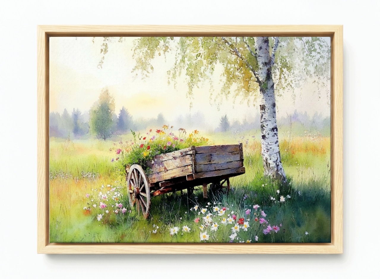 Obraz Rám Americký Box Krajina Dřevo Bříza Dřevěný Vůz Květiny 120x80