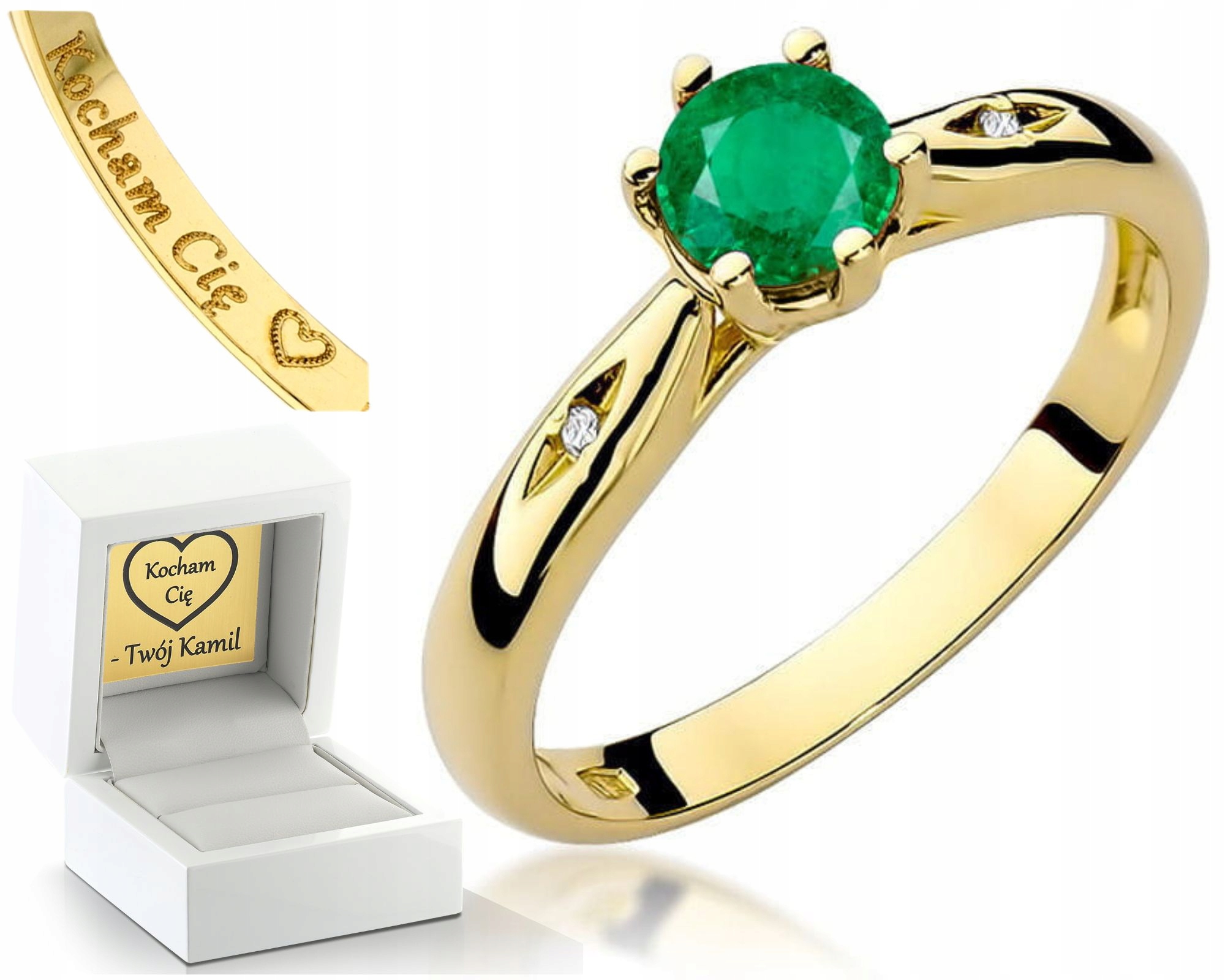 Zlatý Prstýnek S Diamantem A Smaragdem Gravírování