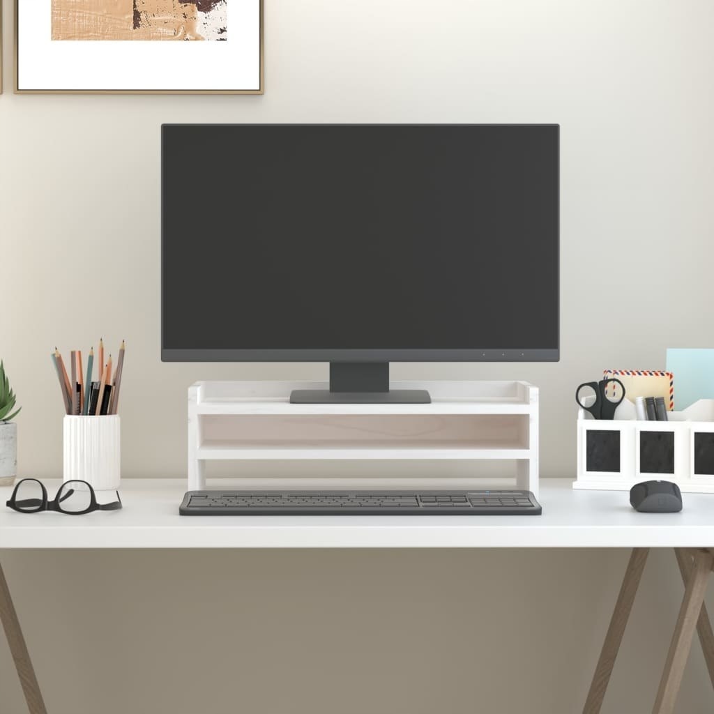 Podstavec na monitor, bílý, 50 x 24 x 16 cm, masivní borovicové dřevo