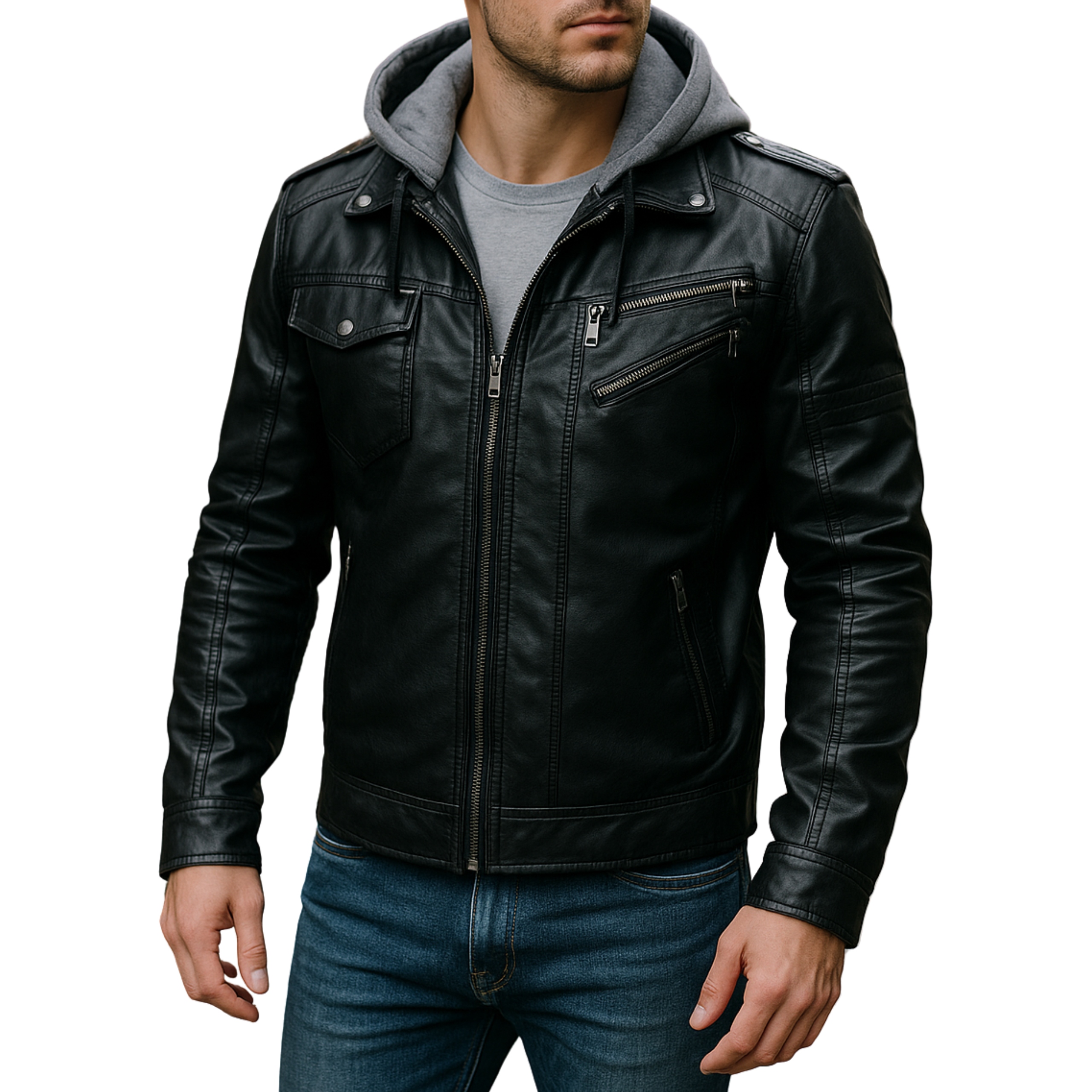 Skórzana kurtka męska ekoskóra 2w1 bluza motocyklowa zimowo-jesienna czarna