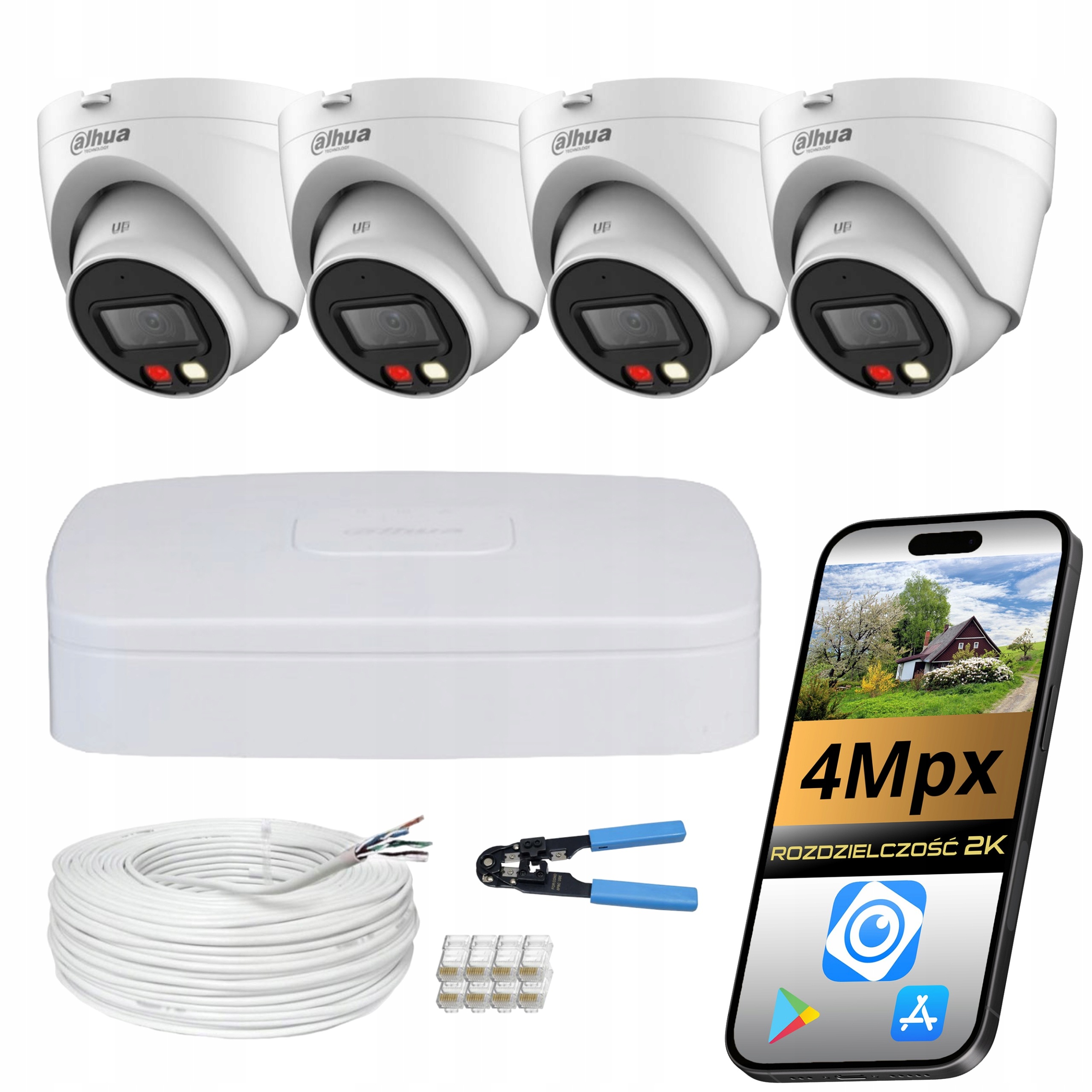 Ip PoE systém Dahua 4 kupolové kamery 4Mpx Dual Light vonkajšie
