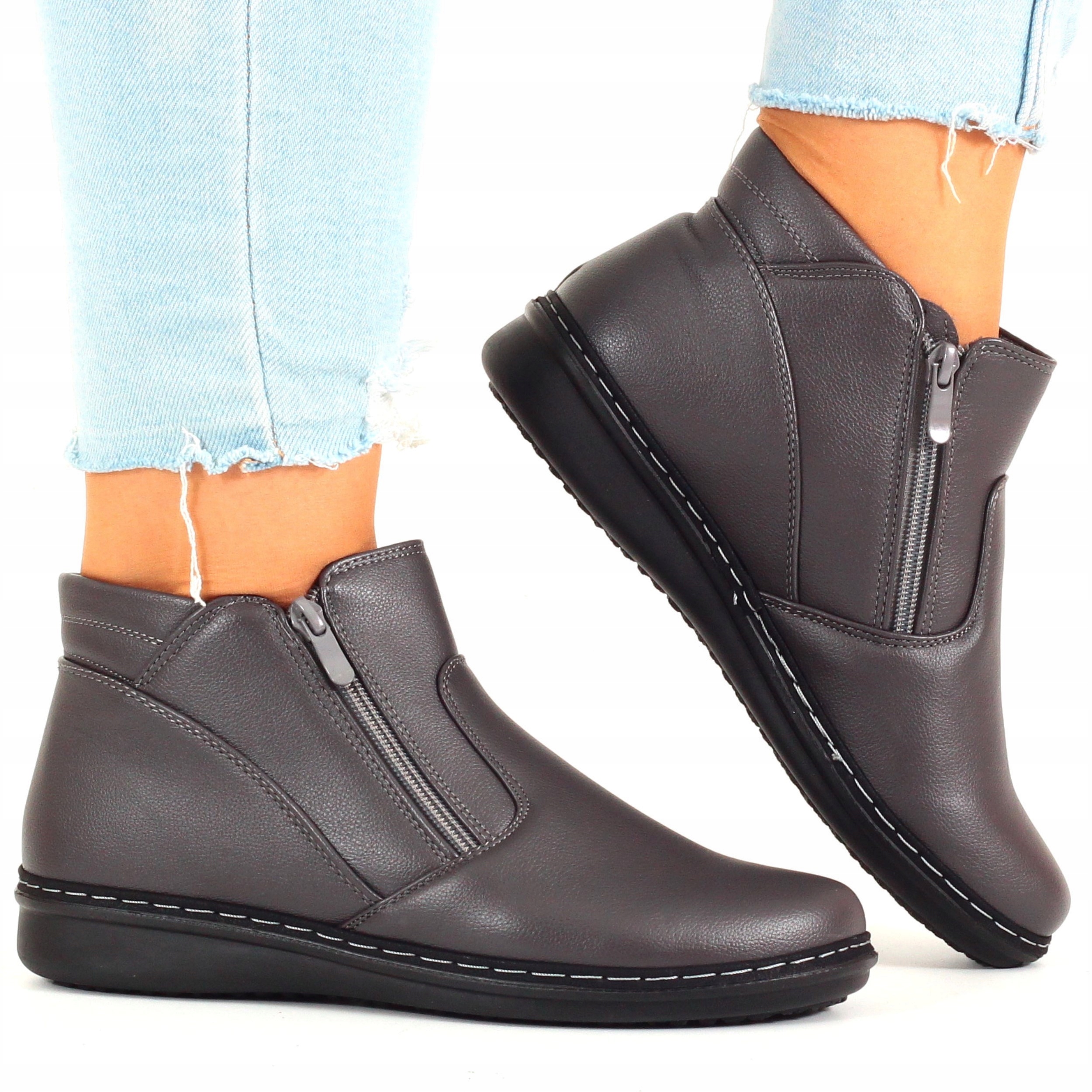 BOTKI DAMSKIE SZYTE BUTY PŁASKIE WYGODNE NA SUWAK