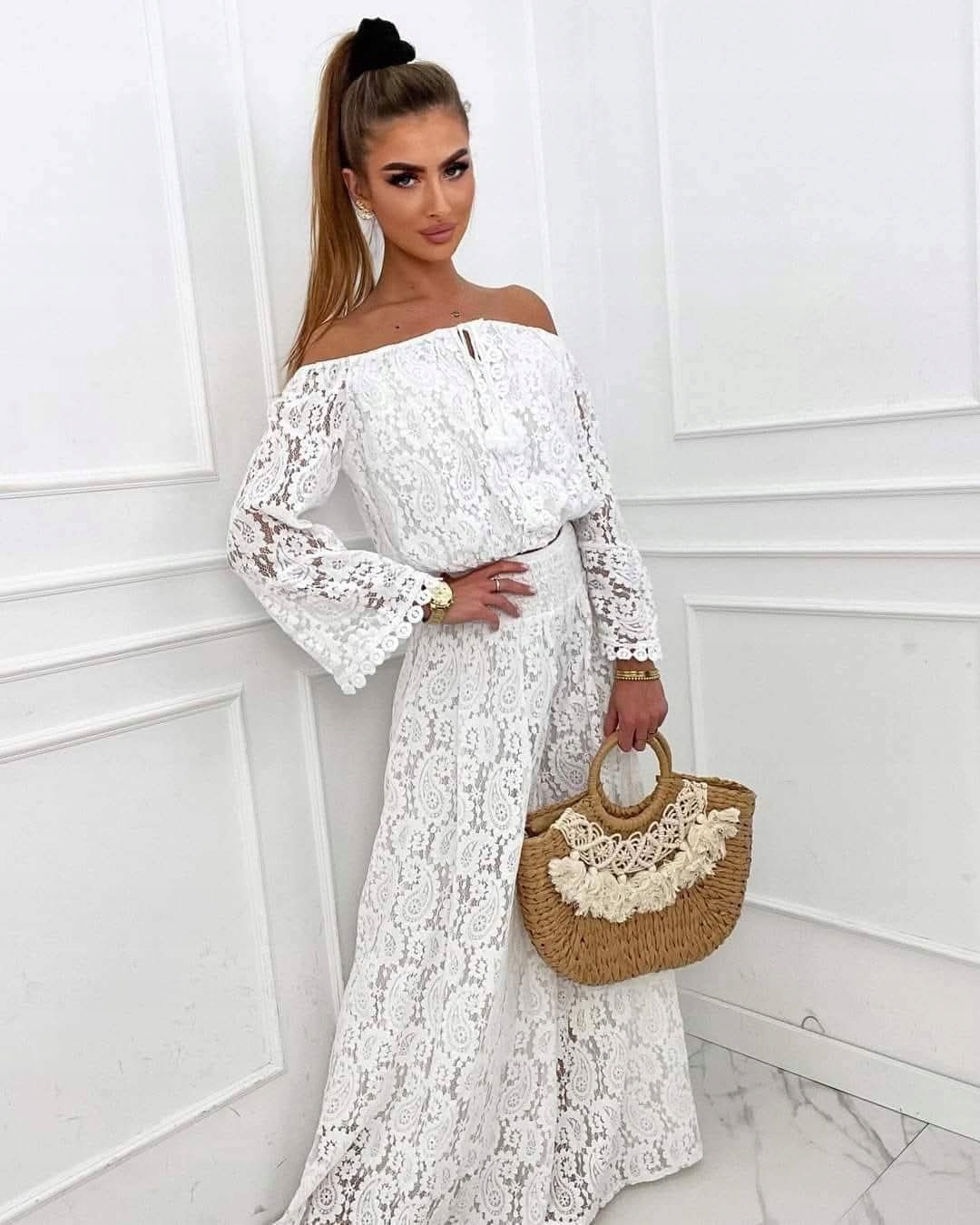 Komplet, Zestaw Letni, Koronka, Boho Bluzka+spodnie Biel Uni pasuje M,L,XL