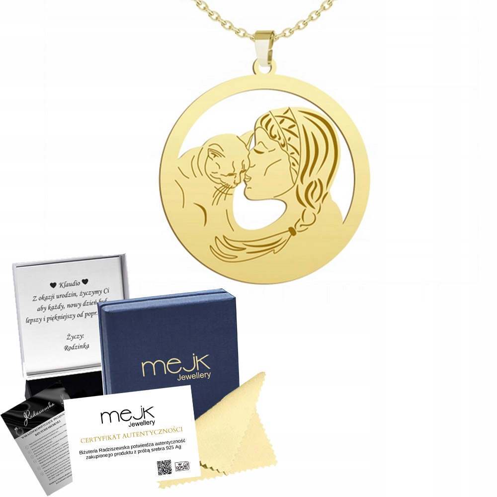 Zlatý náhrdelník s ženou a kočkou 925 Dárek Řetízek Gravírování Bonus