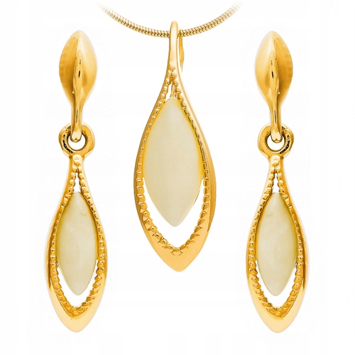 Zlatý Komplet s mléčně bílým baletním Jantarem ze Stříbra 925 Zlacený