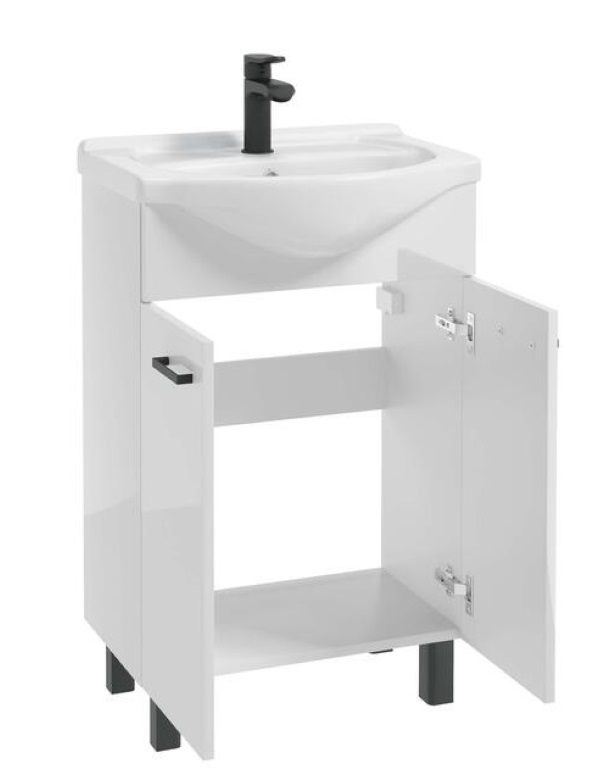 Koupelnová skříňka s umyvadlem 85x55 stojící na černých nožkách, bílý lesk