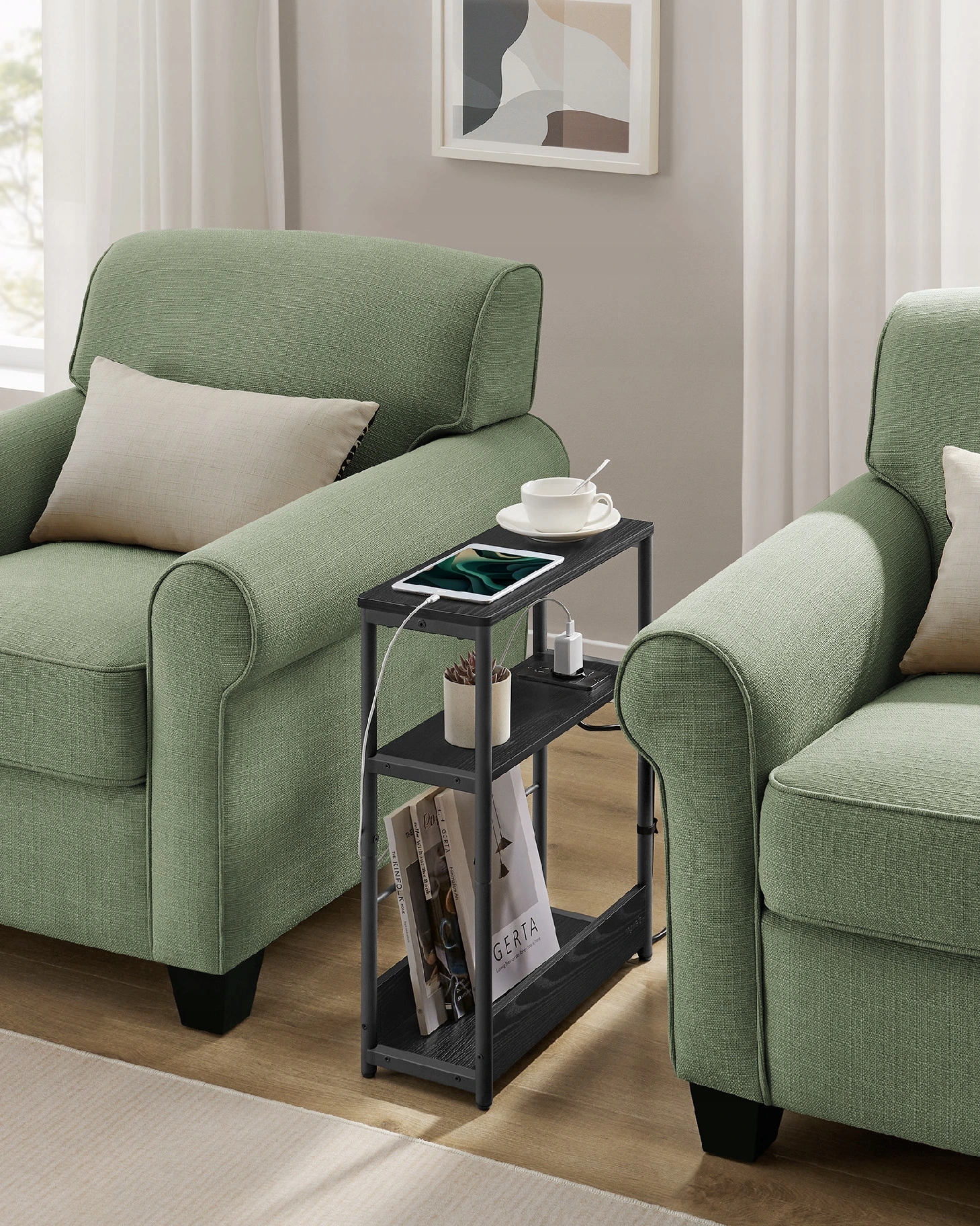 Odkládací stolek úzký s el. a Usb zásuvkou černý