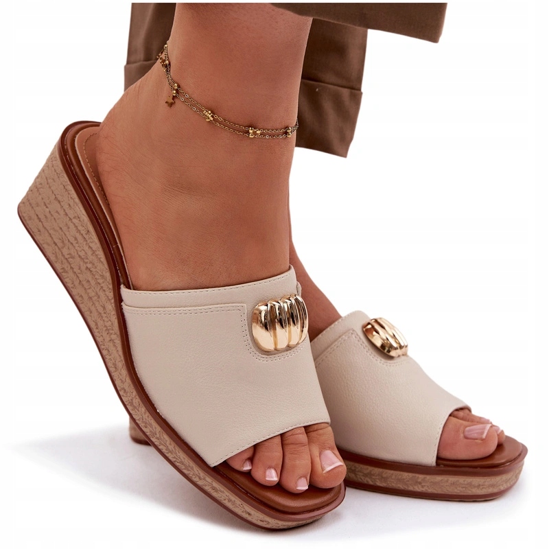 Klapki Damskie Na Koturnie Imitacja Plecionki Sergio Leone KL325 Beżowe 37