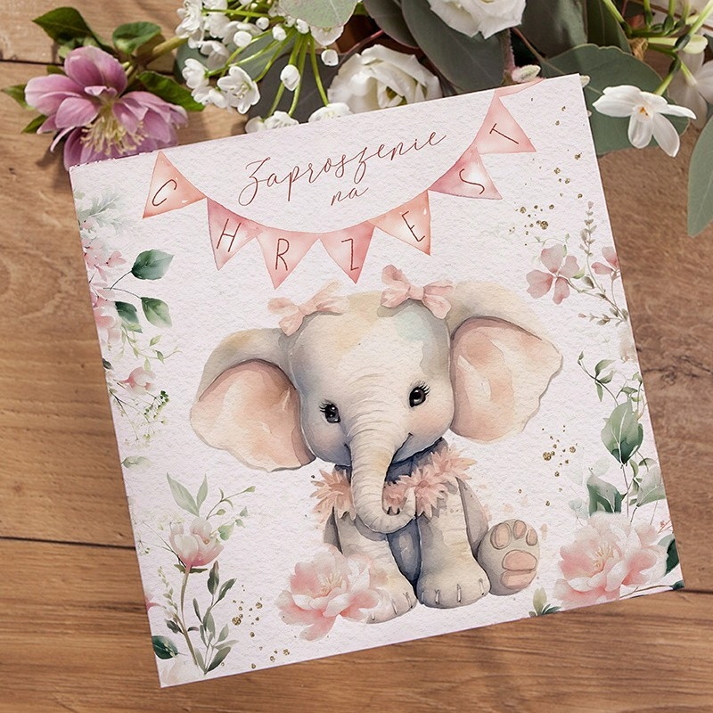 ZAPROSZENIA na Chrzest Słonik w kwiatach 10szt (+koperty) Szerokość produktu 15 cm