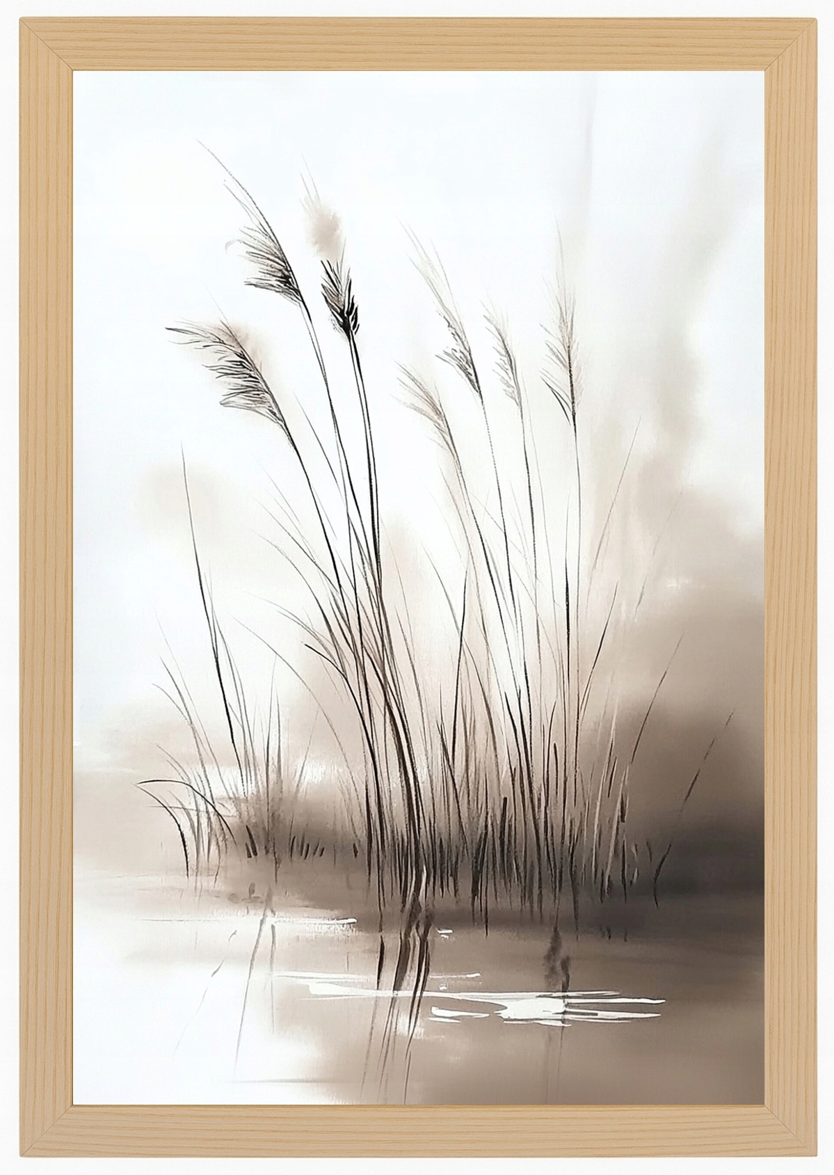 Plakát Rámeček Dřevo Akvarel Jezero Rostliny Tráva Mlha Sépiová 40x60