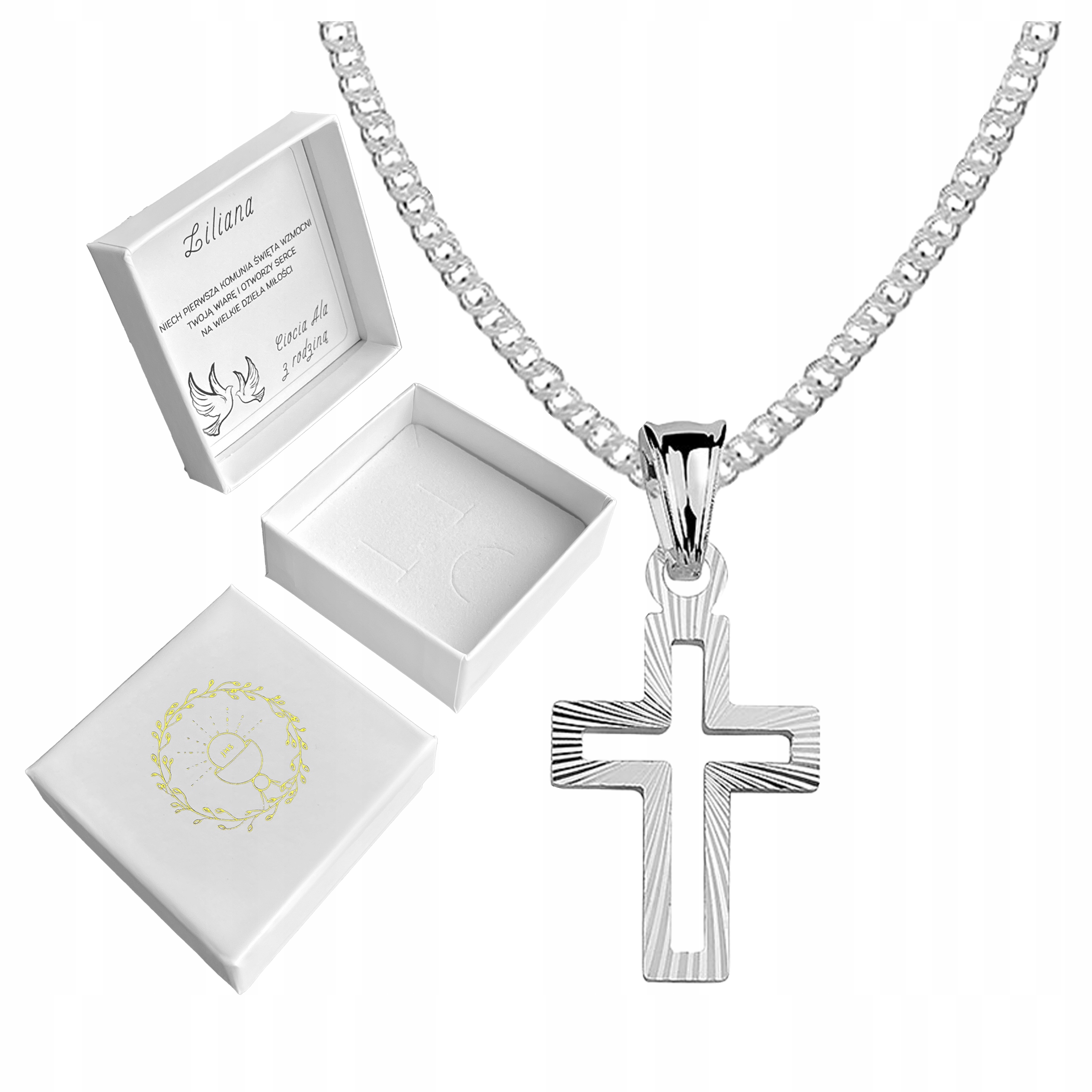 Stříbrný křížek s řetízkem a medailonkem ke svatému přijímání řetízek s křížkem