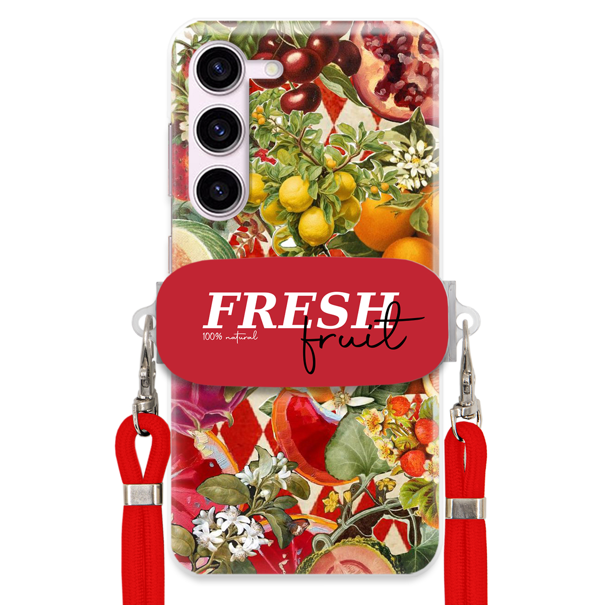 Puzdro pre Samsung S23 Červené Crossbody vodítko držiak Fresh Fruit Ovocné