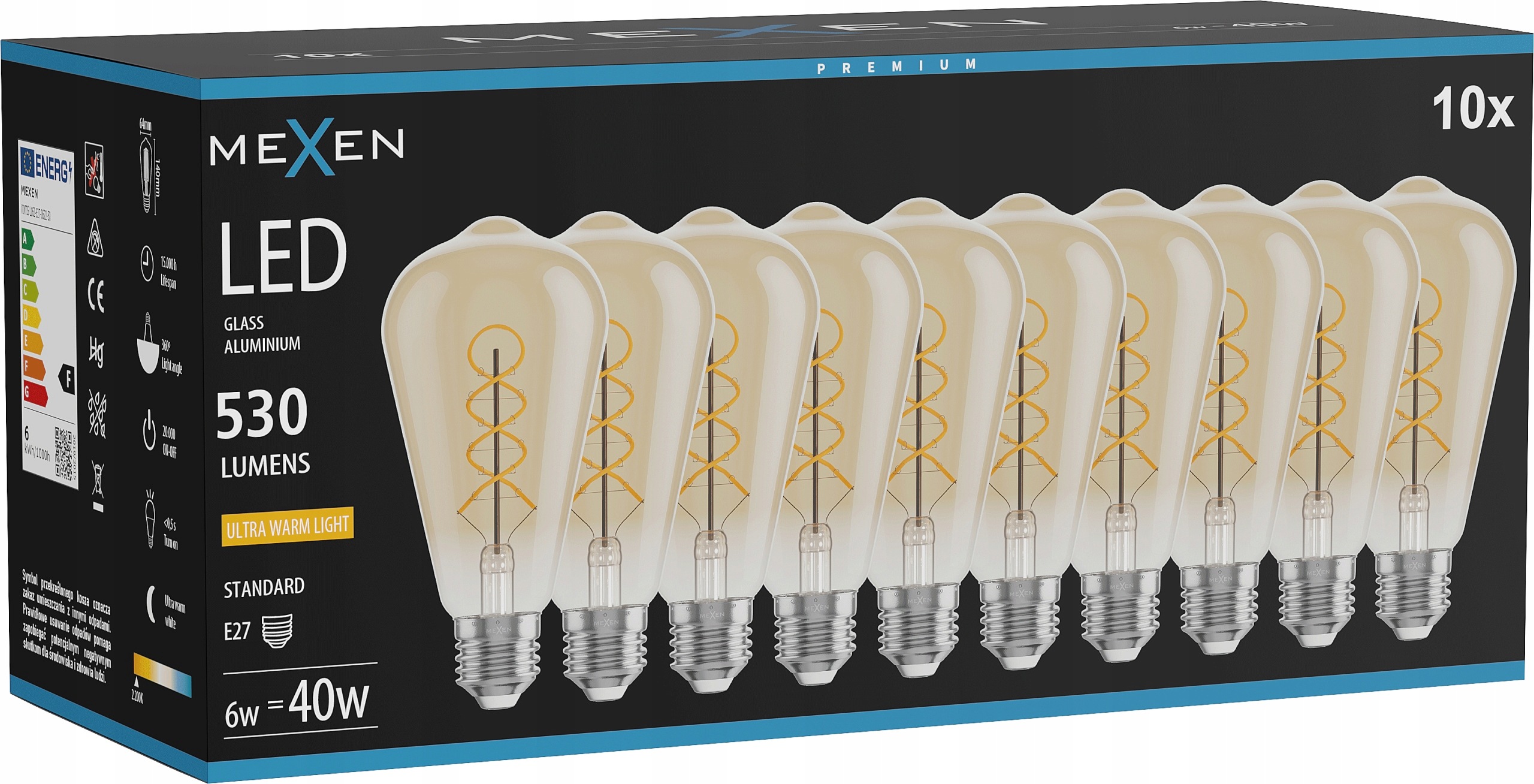 Mexen Vintis 10X Žárovka Filament Spirála Led E27 ST64 6W 2200K 530LM Amber