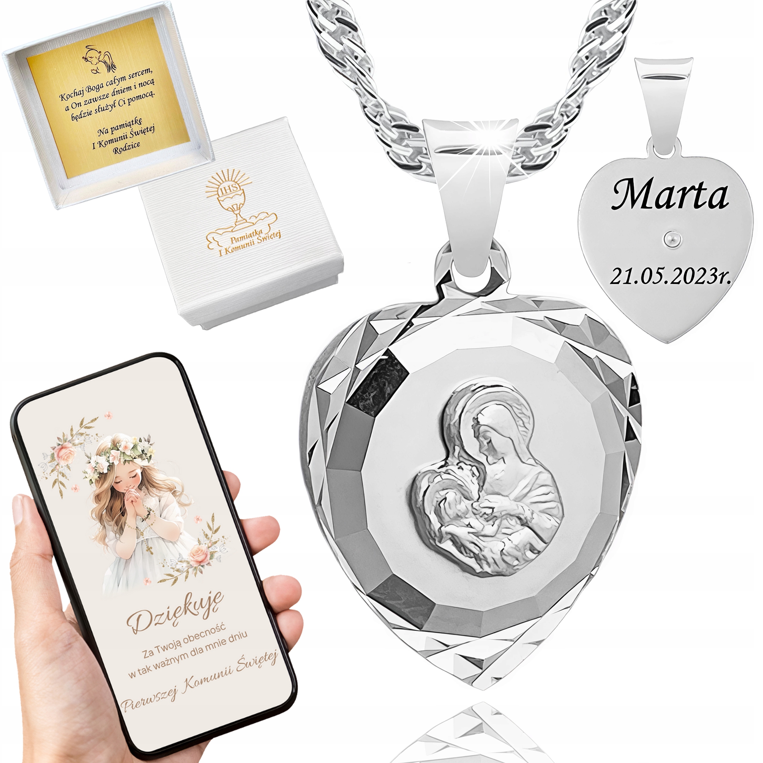 SREBRNY ŁAŃCUSZEK MEDALIK KOMUNIJNY GRAWER MATKA BOSKA KOMUNIA CHRZEST 40cm