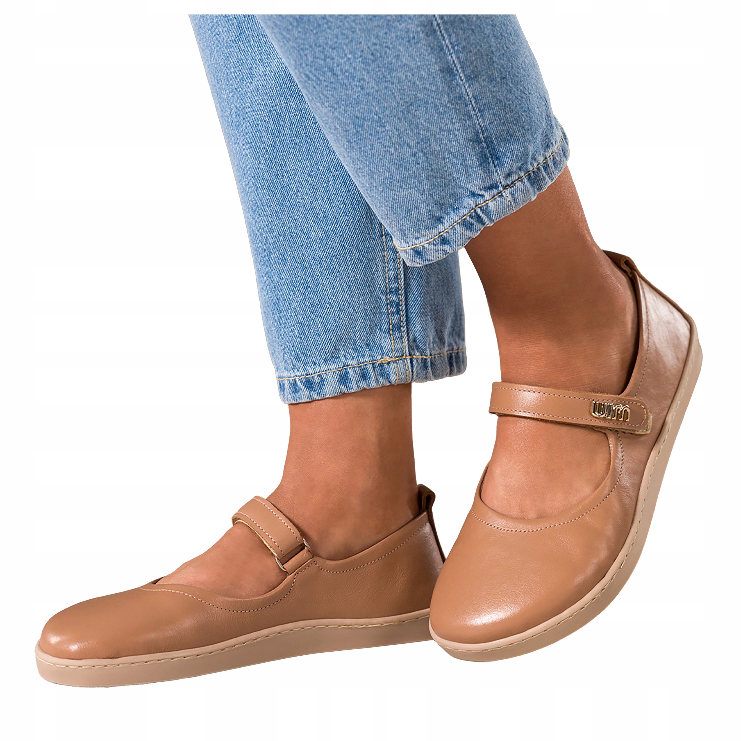 Baleríny Camelové Dámské Kožené Barefoot Elastické Pásek Na Suchý Zip vel. 40