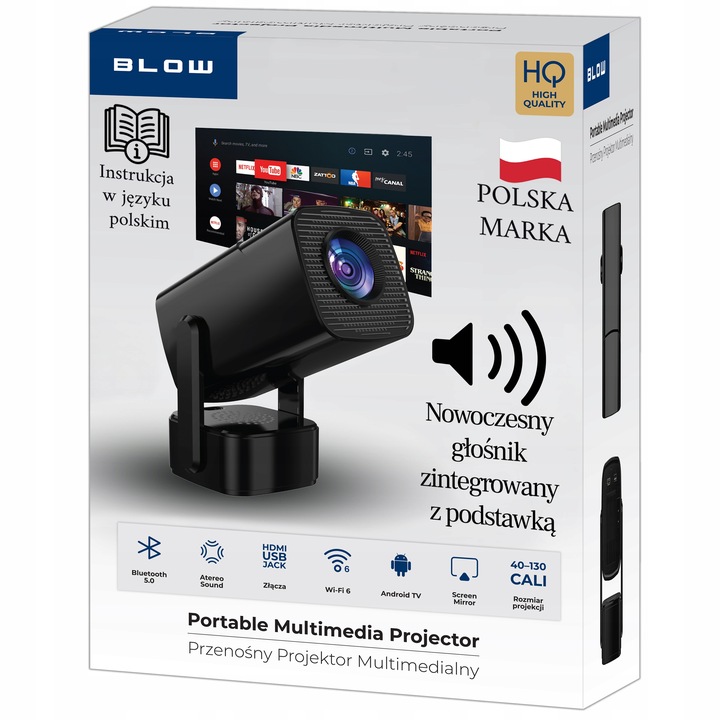 PROJEKTOR RZUTNIK PRZENOŚNY SMART TV 4K ANDROID 13 WIFI BT HDMI + ETUI Model CINEMA SOUND