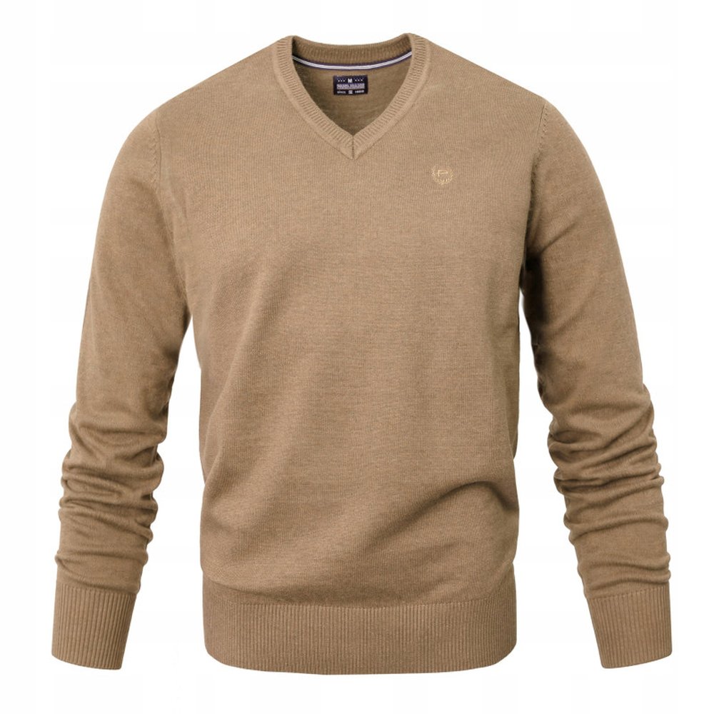 Klasický bavlněný svetr se srdíčkem (V-Neck) – Pako Jeans – Světle hnědá – L