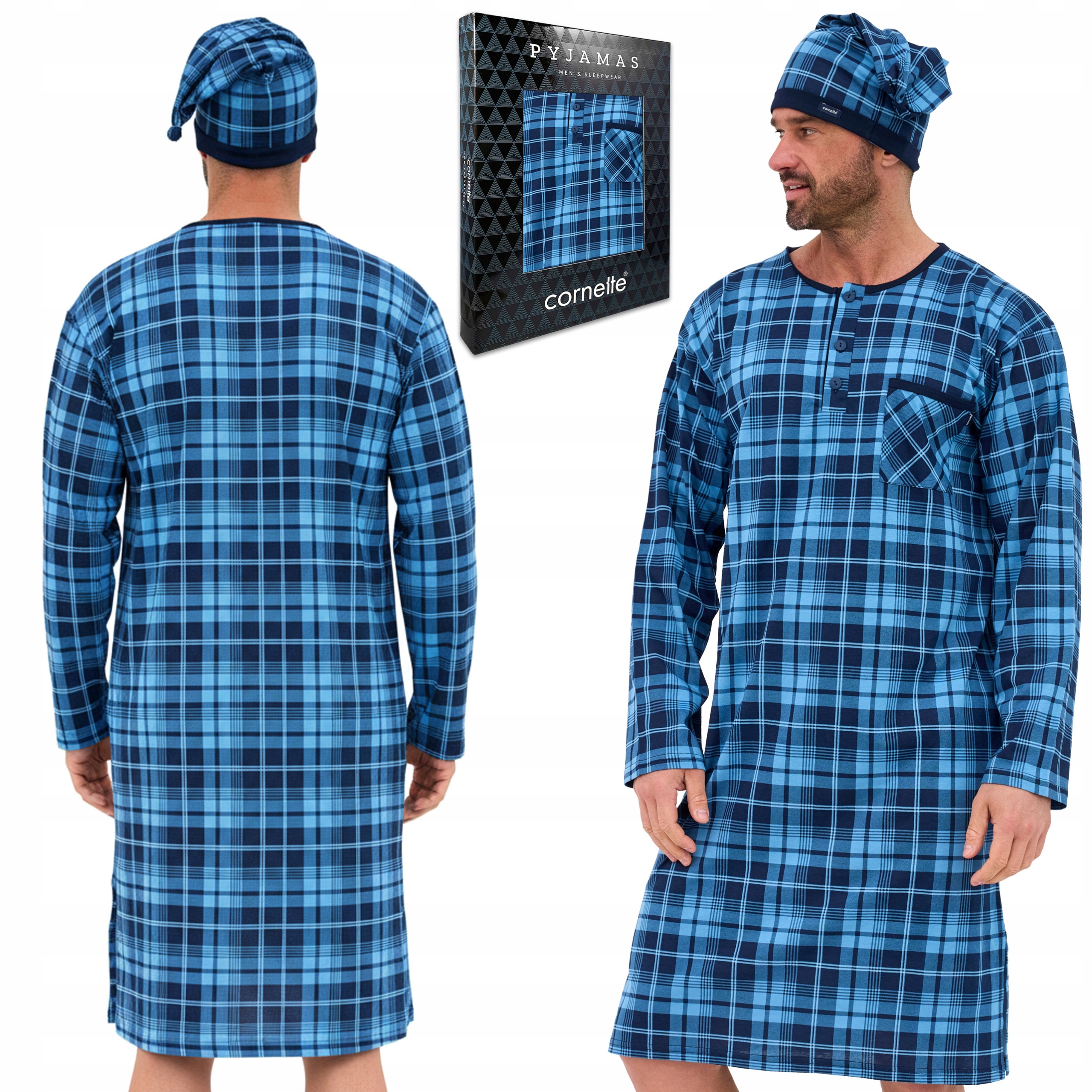 Pánská Noční košile Cornette 110/35 Dlouhé pyžamo s kostkovaným vzorem a čepičkou M