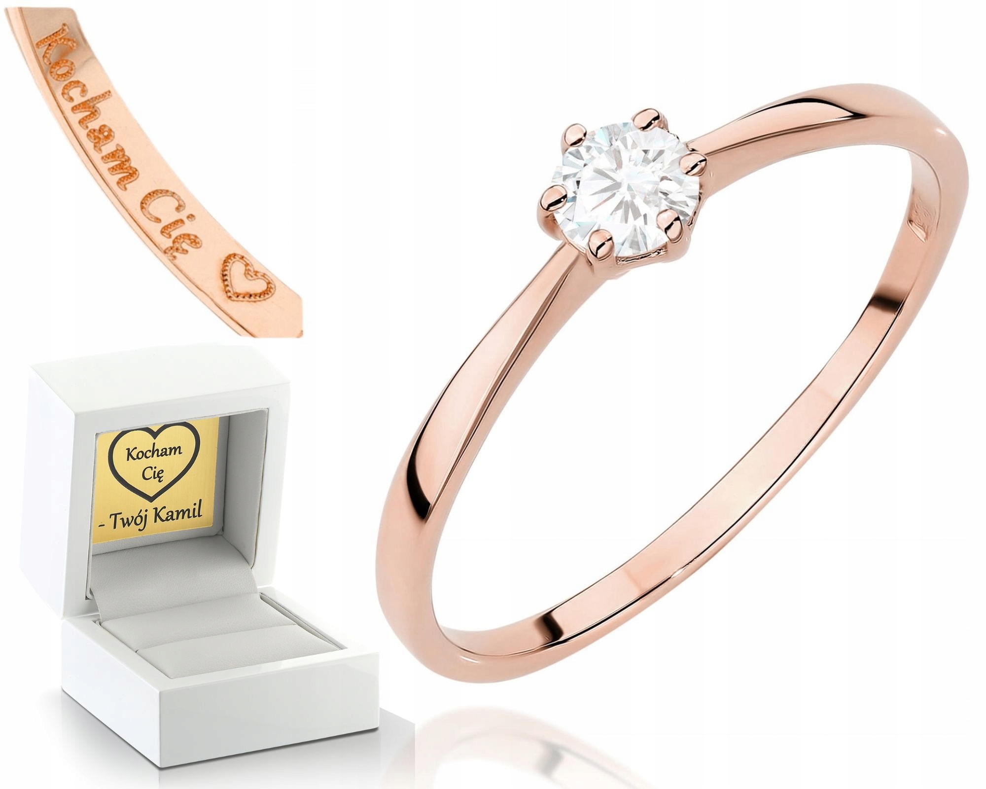 Růžový Zlatý Prstýnek S Diamantem, Klasická Gravírování Ryzost 585