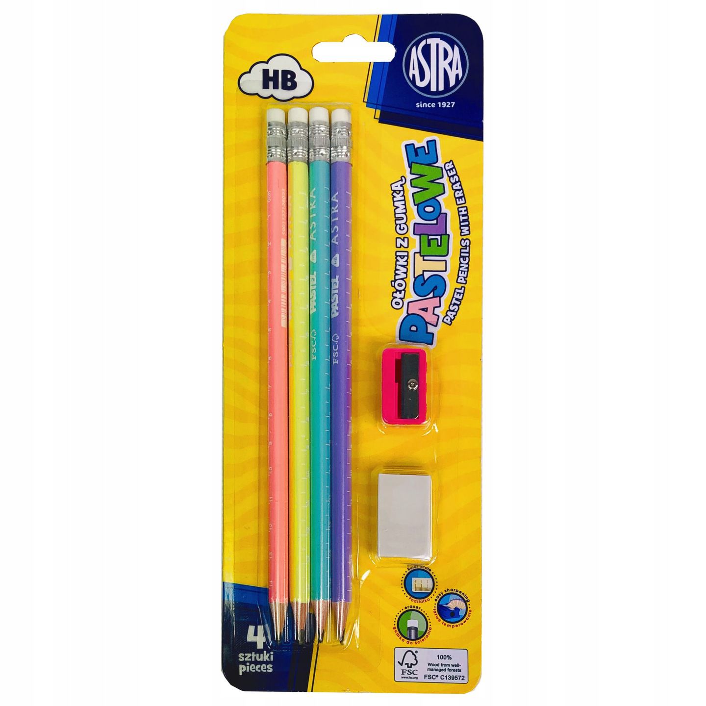 OŁÓWKI PASTEL HB GUMKA + TEMPERÓWKA BLISTER ASTRA Twardość HB