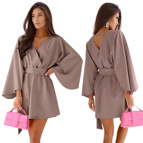 Sukienka Mini Z Przekładanym Dekoltem Mocha Mousse