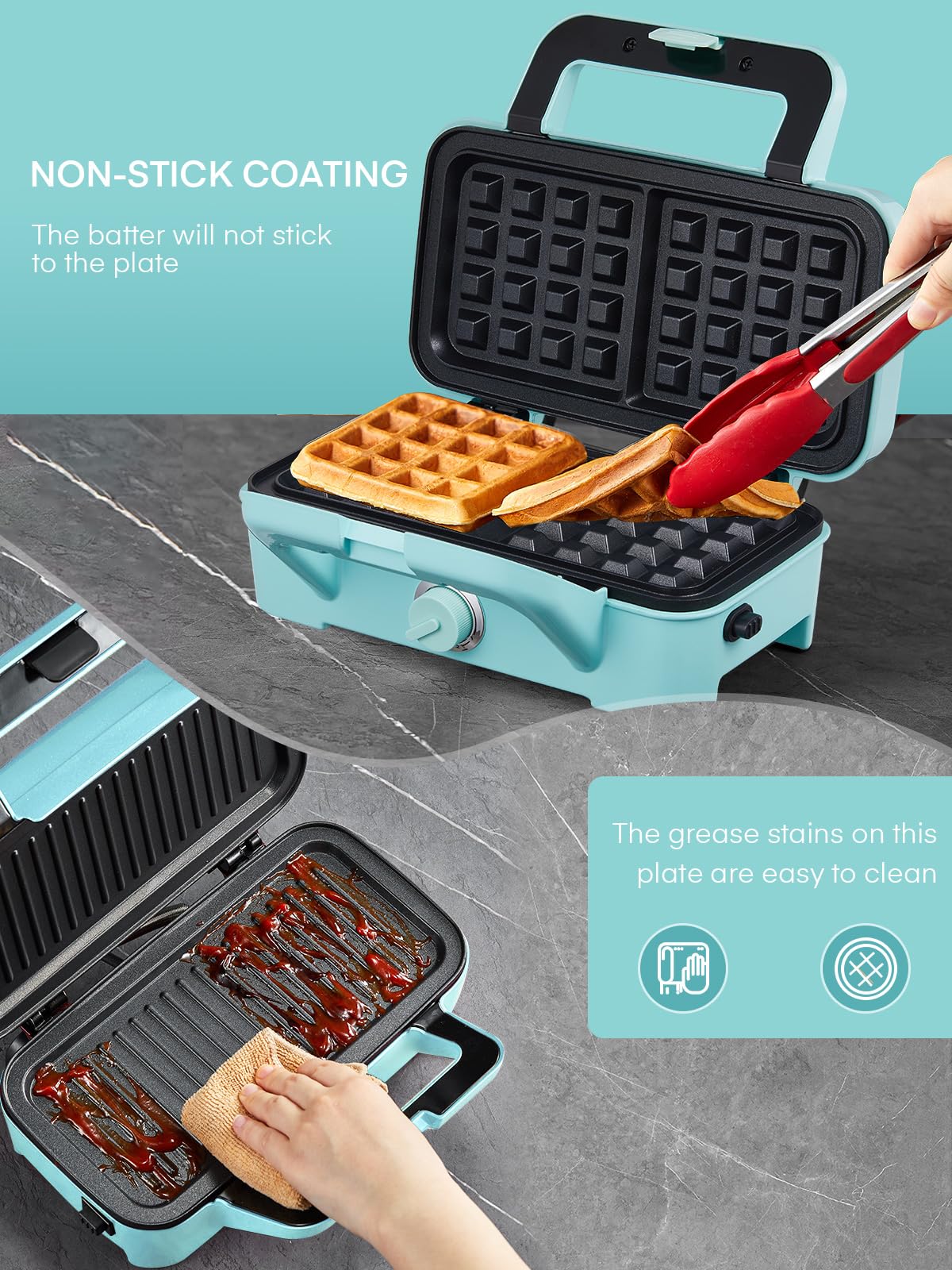 FOHERE Opiekacz 3w1 1200W Gofrownica Grill Kanapki Niebieski — miniatura 6