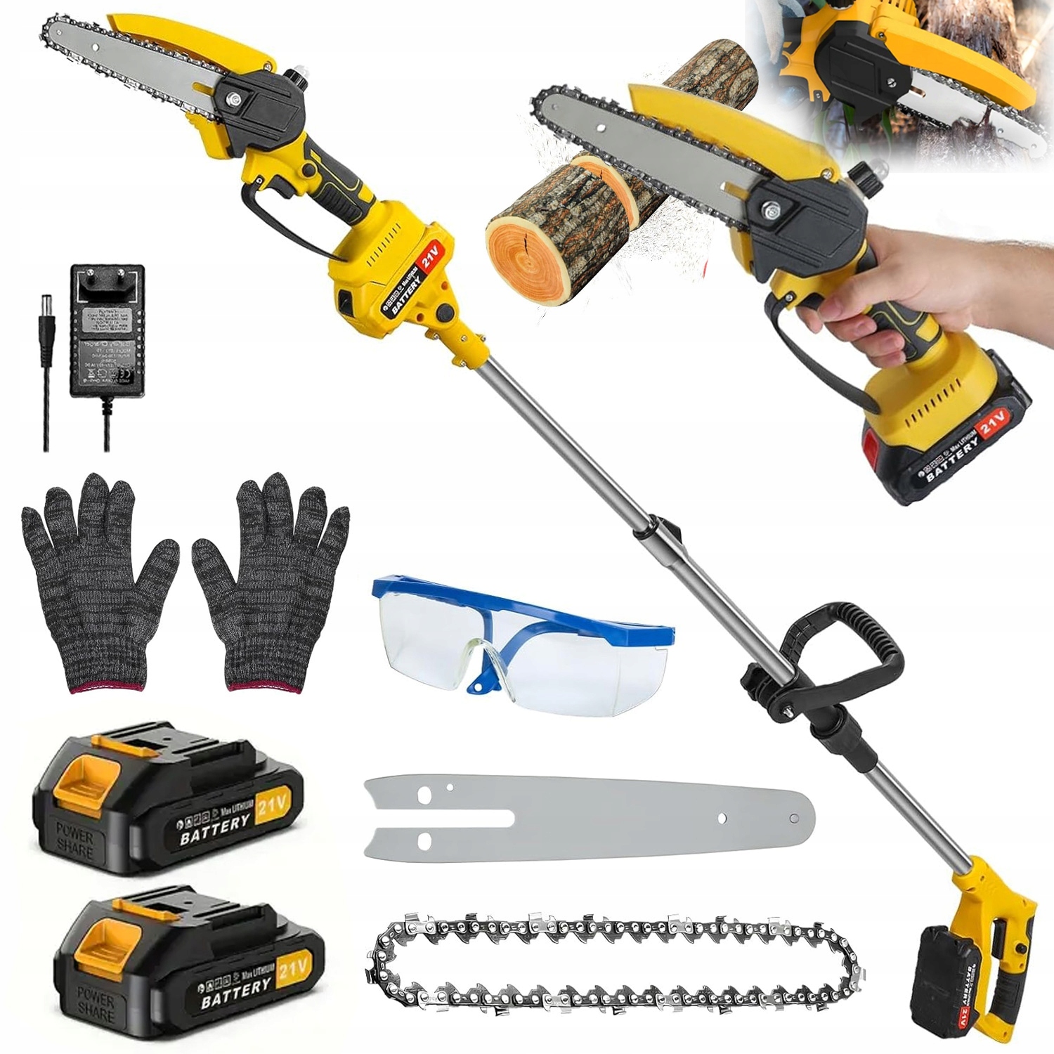 Bezdrátová pila pro řezání vysokých větví s ochranou očí a rukavicemi