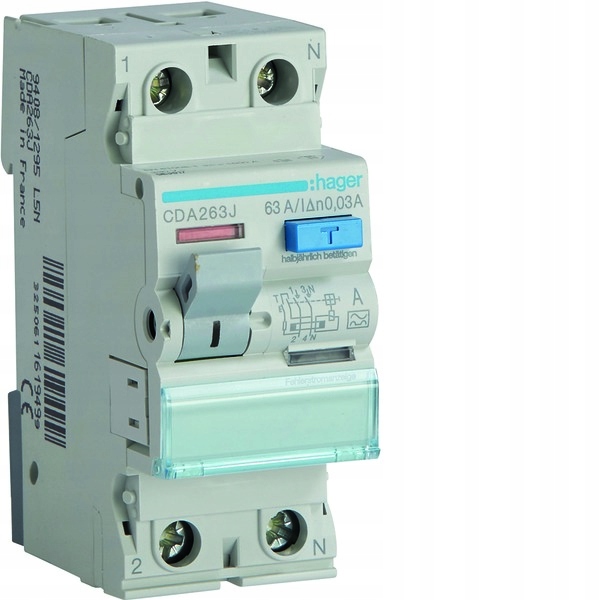 Rccb Wyłącznik różnicowoprądowy 1PN 63A 30mA 6kA Typ A CDA263J Hager