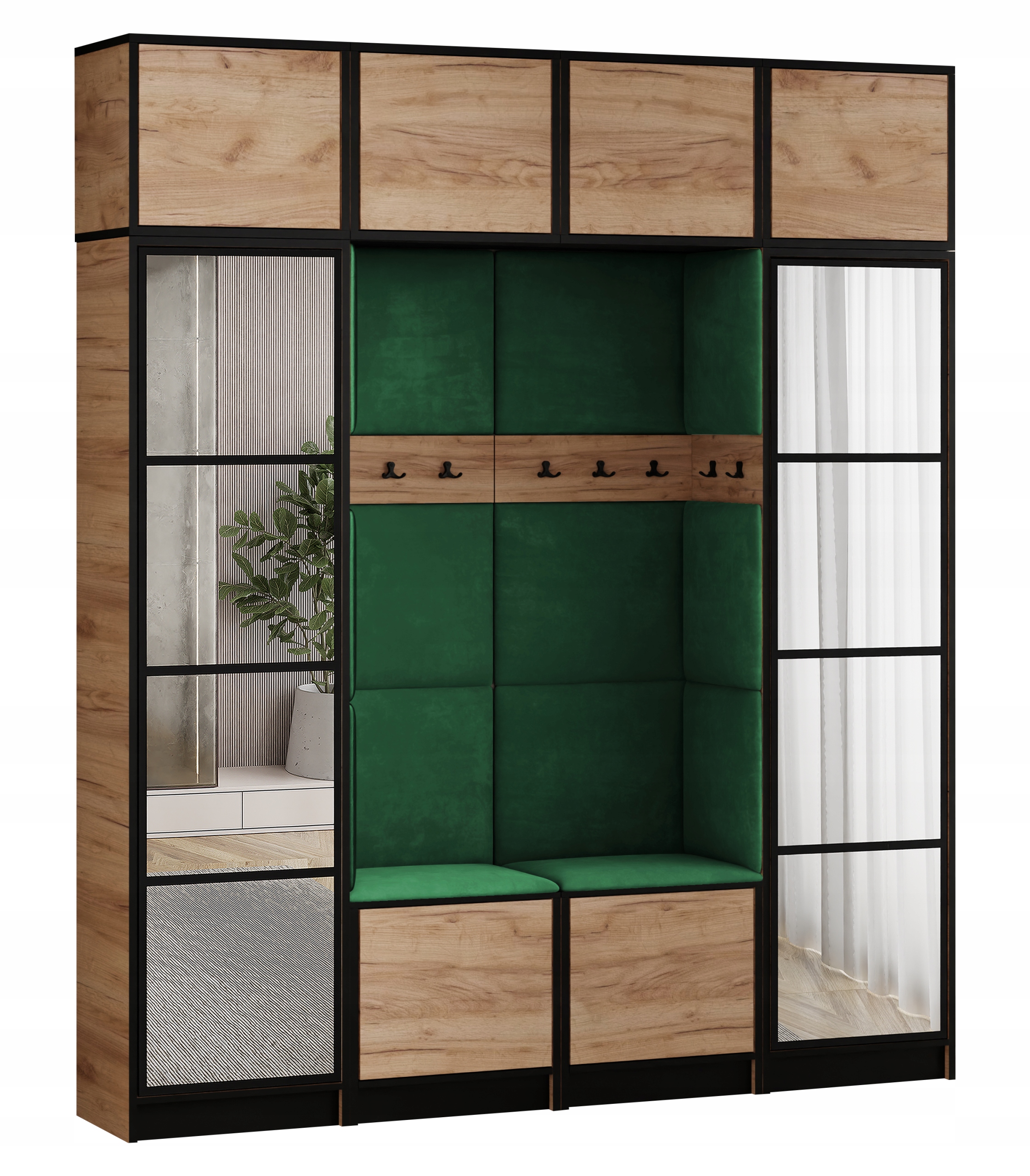 Šatní skříň s nástavcem Costa 18 dub craft zelená tkanina, sedák