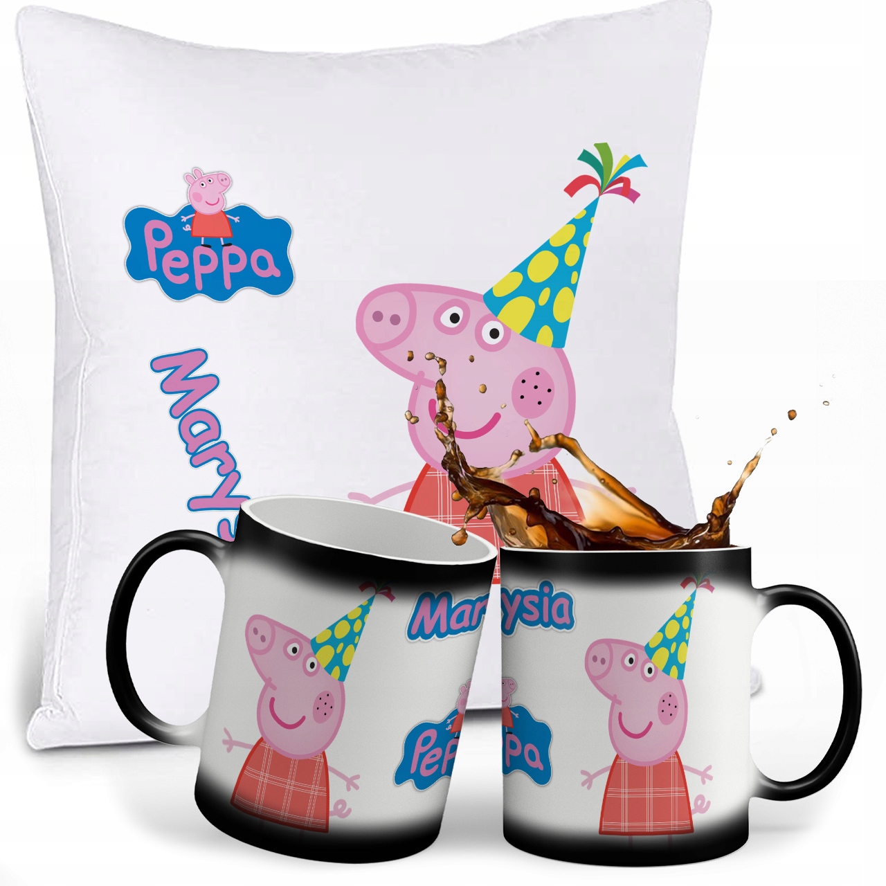 

Zestaw Świnka Peppa Magiczny Kubek Poduszka Imie