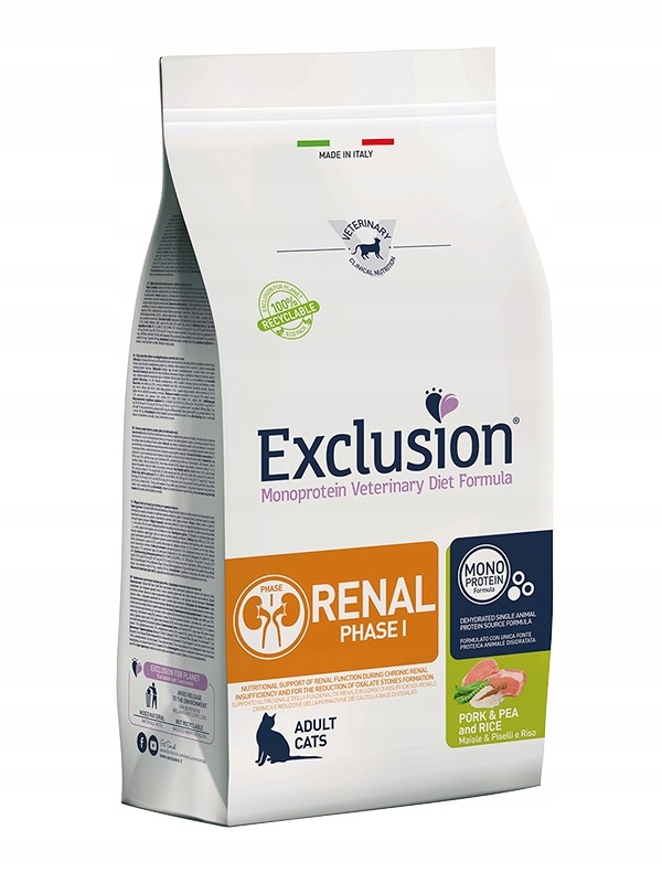 Exclusion pro kočky Renal Fáze 1 vepřové maso & hrášek a rýže 1,5 kg