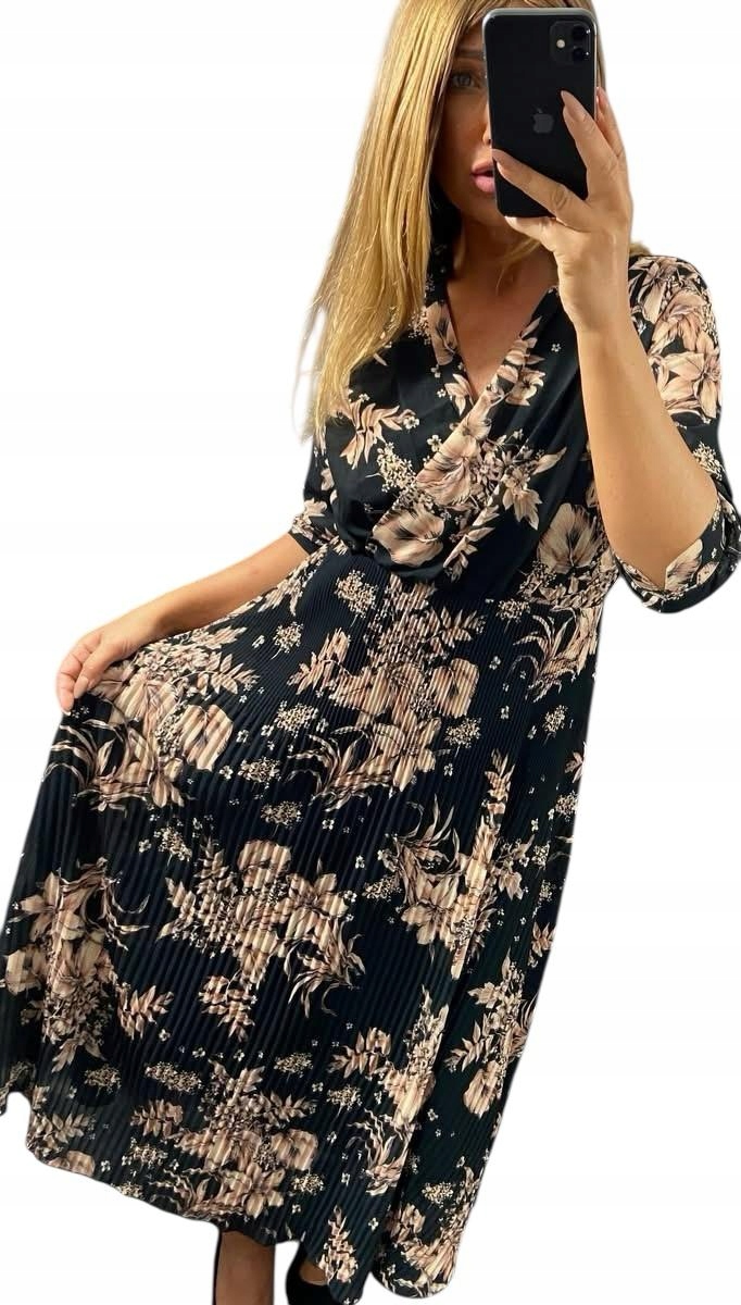 V598 Elegantní Plisovaná Šaty Se Vzory Rukáv 3/4 k2 vel. 40 (L)