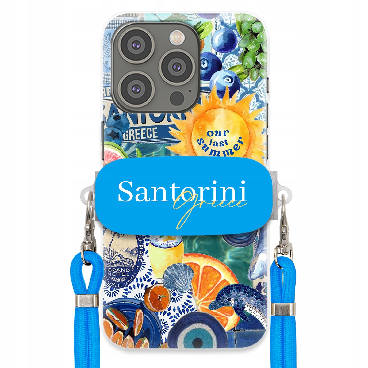 Puzdro pre iPHONE 14 Pro Modré Crossbody vodítko držiak Santorini Greece