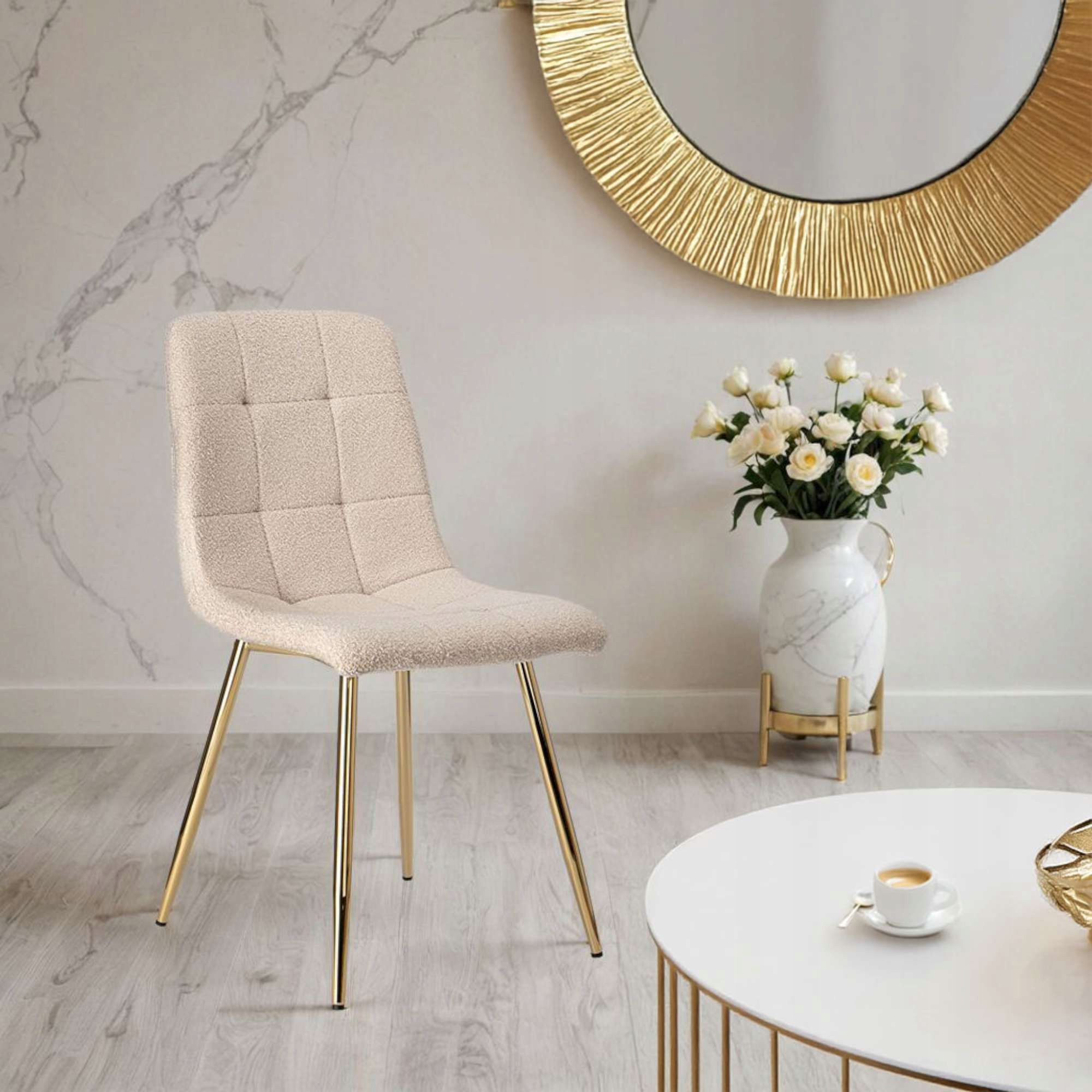 Čalouněné Křeslo Boucle Denver Béžové Zlaté Nohy Tkanina Beránek Teddy