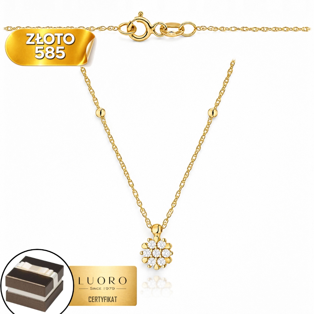 Zlatý Náhrdelník 585 14K S Květinou A Zirkony 42-45 CM, Nastavitelný, Elegantní