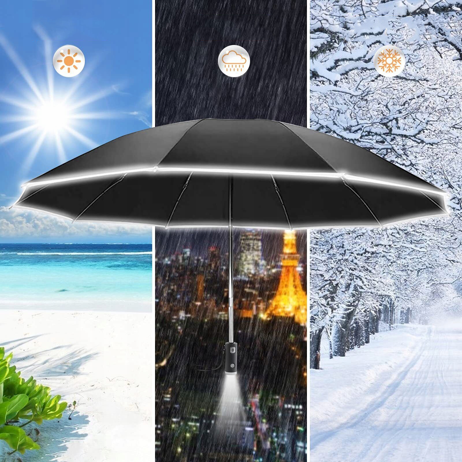 WIATROSZCZELNY SKŁADANY PARASOL, ODWRÓCONY PARASOL, Z ODBLASKOWYM PASKIEM Długość po złożeniu 33 cm