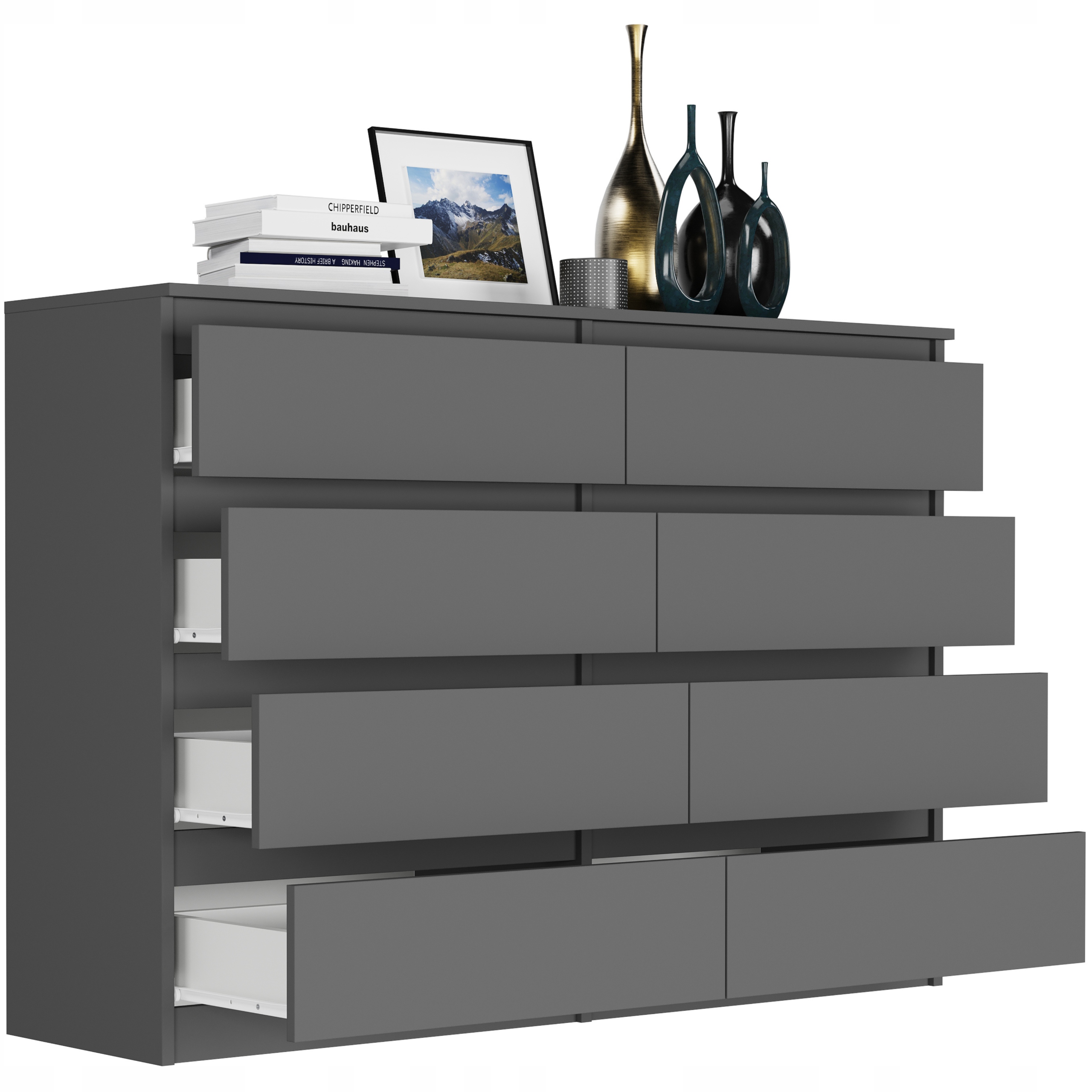 Nowoczesna KOMODA 140CM SZAFKA 8 SZUFLAD PL ANTRACYT R-140-S8