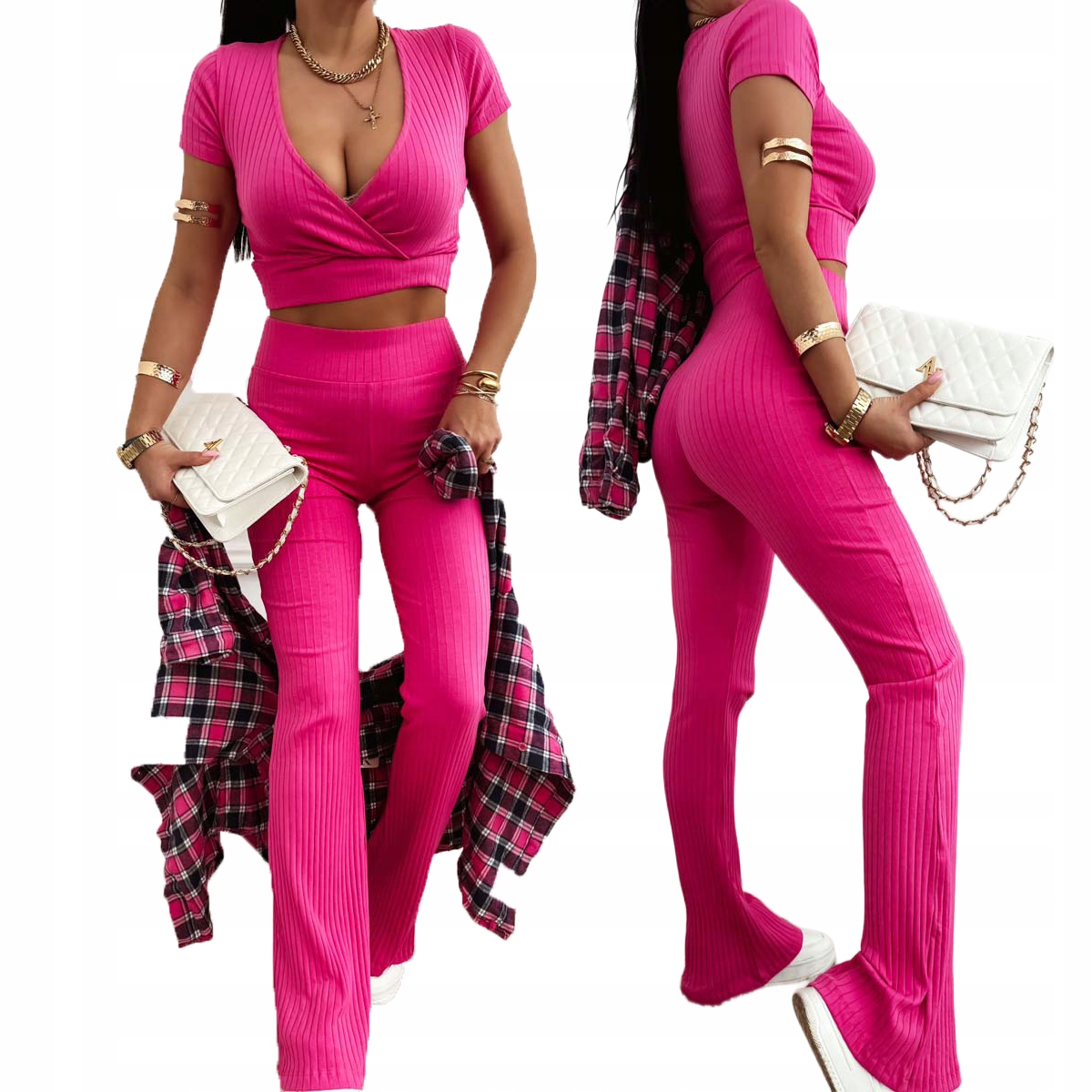 Komplet crop top s výstřihem legíny s rozšířenými nohavicemi Fuksja M/L