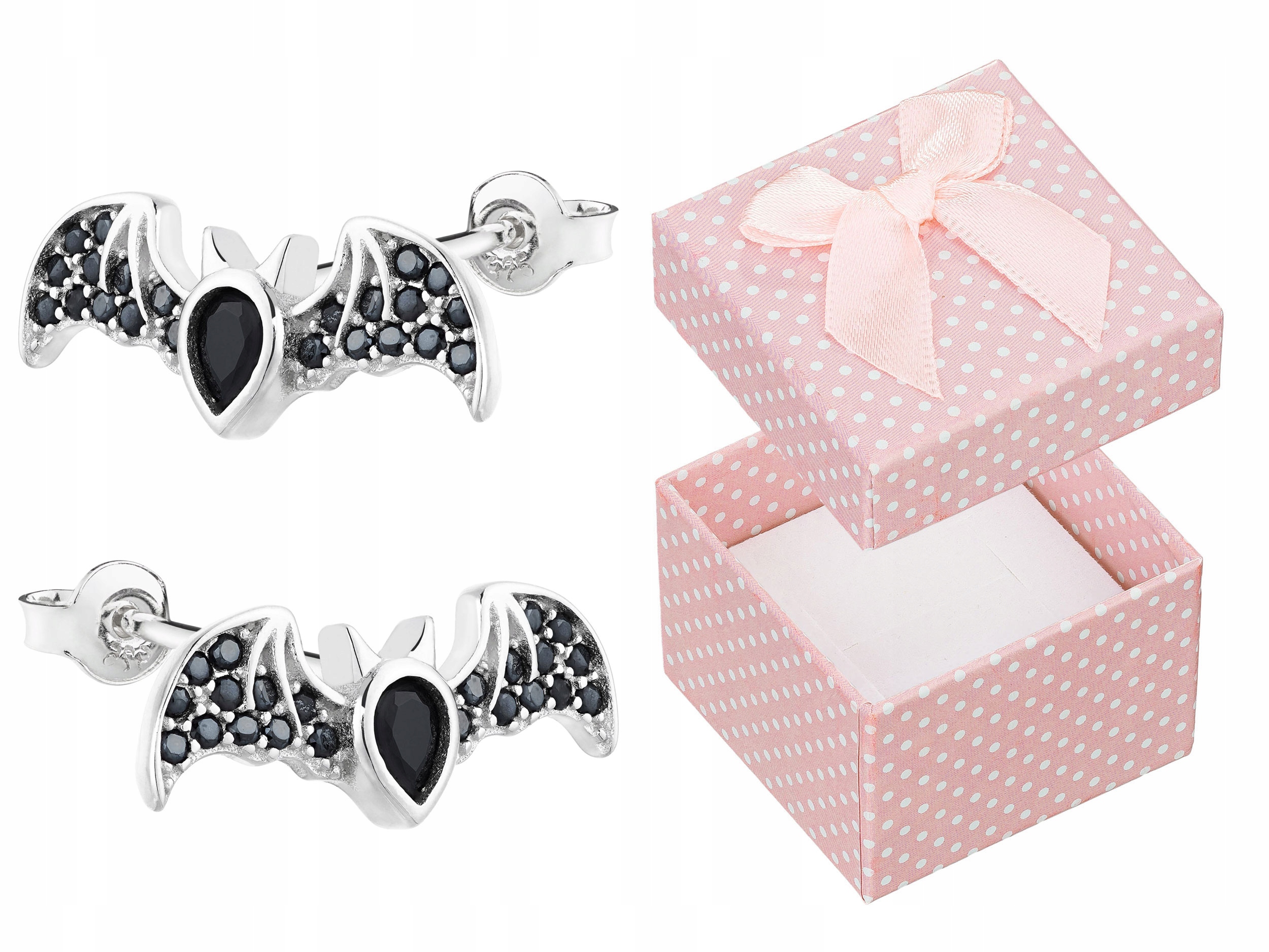 Stříbrné Náušnice Černé šroubky Netopýři s velkými rhodiovanými zirkony 925