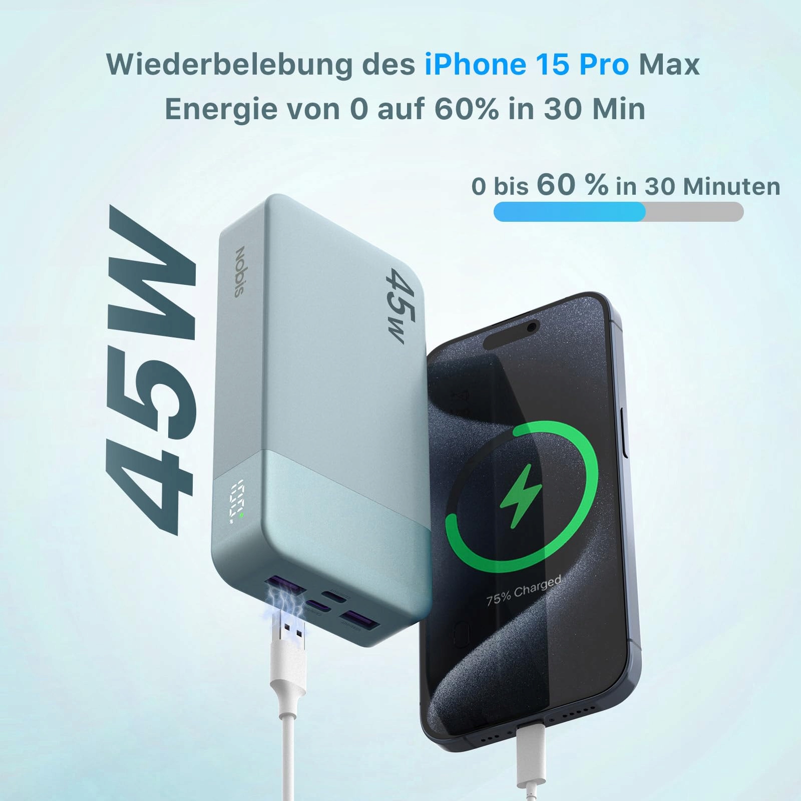 NOBIS Powerbank 20000mAh Szybkie Ładowanie Z Kablem C Do C Wyświetlacz — miniatura 2