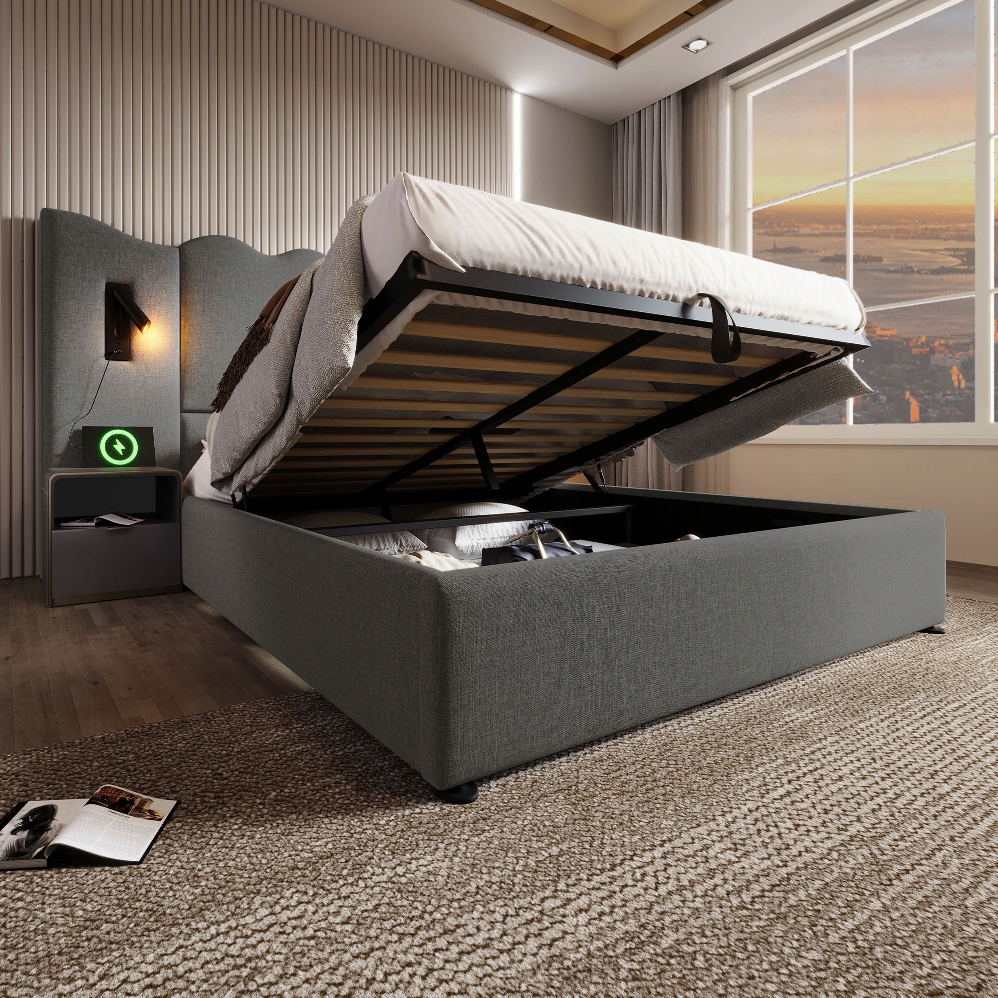 Čalouněná postel 160×200 Dvojlůžko Hydraulické Led Usb-c šedé