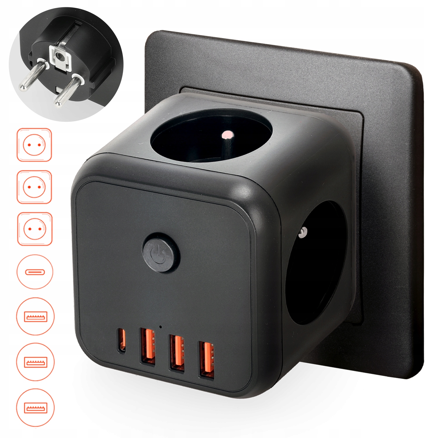 Rozbočka Kostka 3 zásuvky 4x Usb Vypínač Černý Rozbočovač