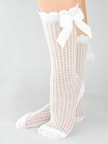 PODKOLANÓWKI BIAŁE dziewczęce AŻUROWE WZORKI z KOKARDĄ Noviti 27/30 N031C Marka Noviti
