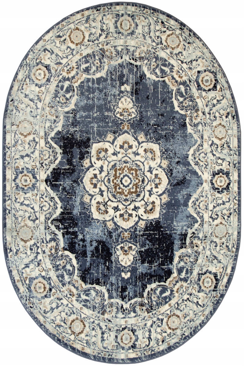 

200x290 cm Owalny Dywan Ornament Niebieski Beżowy